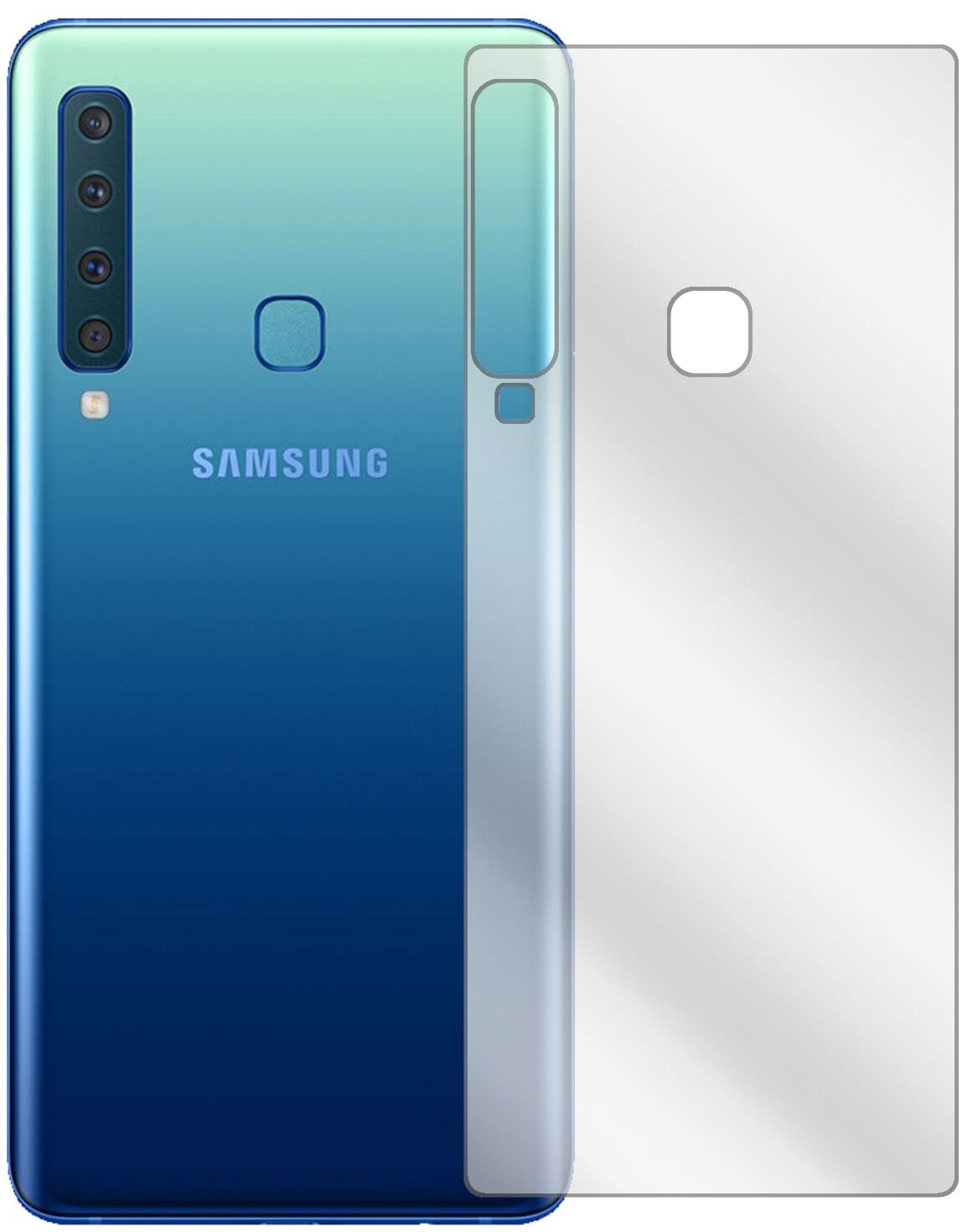 SamsungGalaxy A9 (2018) Rückseite mit aufgebrachter dipos Displayschutzfolie, glasklare Darstellung ohne Einschränkungen