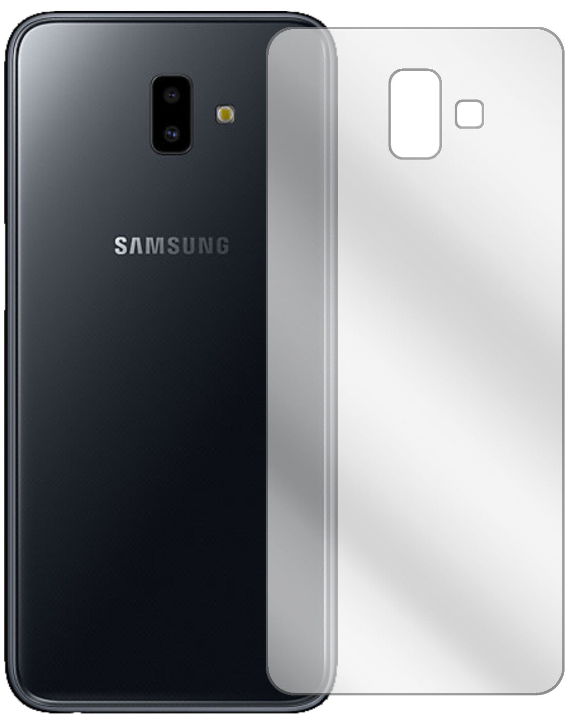 SamsungGalaxy J6 Plus (2018) Rückseite mit aufgebrachter dipos Displayschutzfolie, glasklare Darstellung ohne Einschränkungen