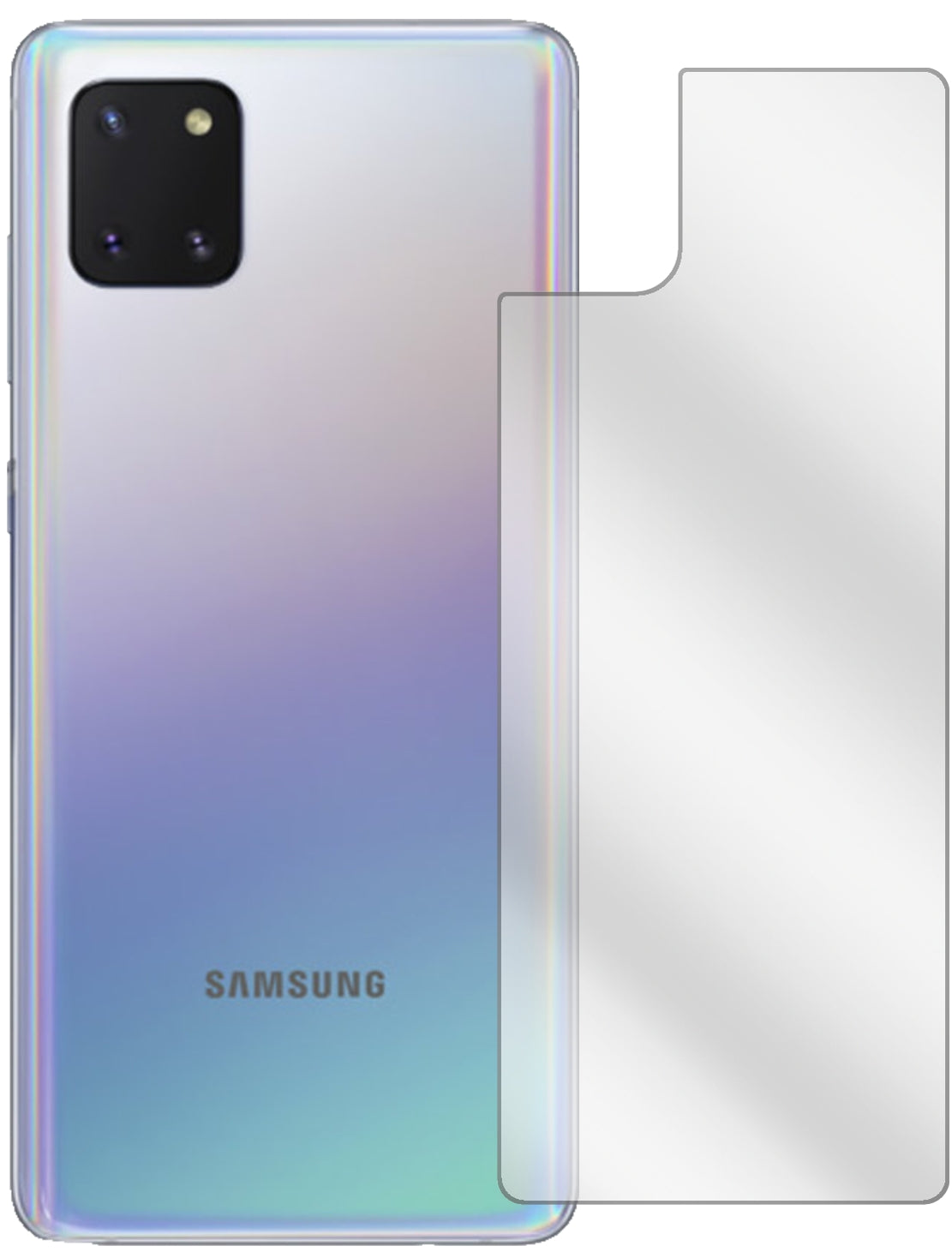 SamsungGalaxy Note 10 Lite Rückseite mit aufgebrachter dipos Displayschutzfolie, glasklare Darstellung ohne Einschränkungen