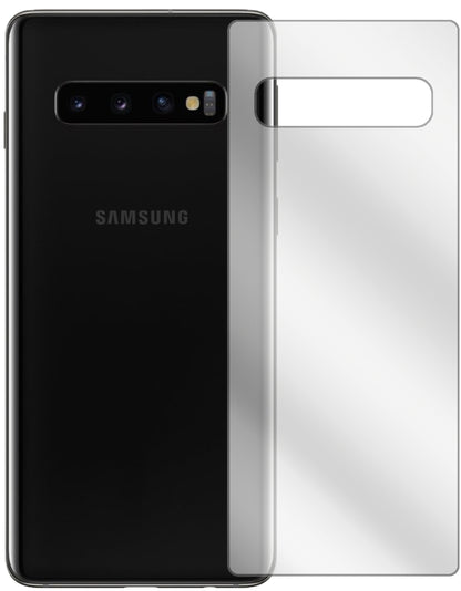 SamsungGalaxy S10 Plus Rückseite mit aufgebrachter dipos Displayschutzfolie, glasklare Darstellung ohne Einschränkungen