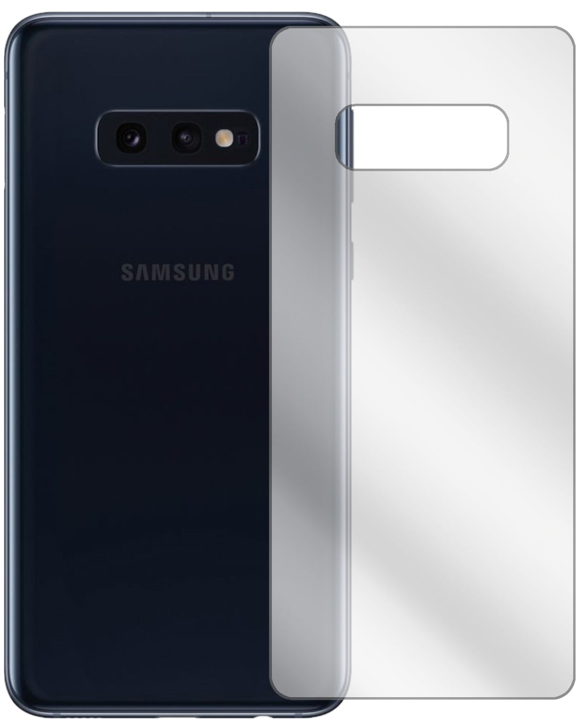 SamsungGalaxy S10e Rückseite mit aufgebrachter dipos Displayschutzfolie, glasklare Darstellung ohne Einschränkungen