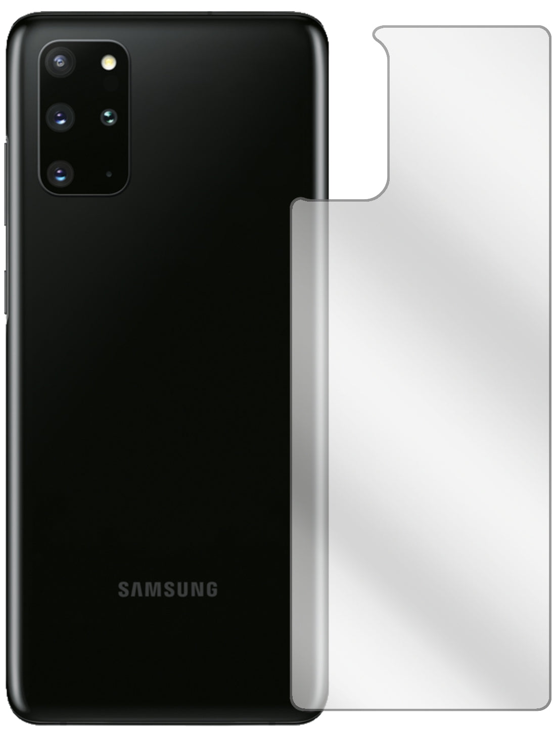 SamsungGalaxy S20 Plus Rückseite mit aufgebrachter dipos Displayschutzfolie, glasklare Darstellung ohne Einschränkungen