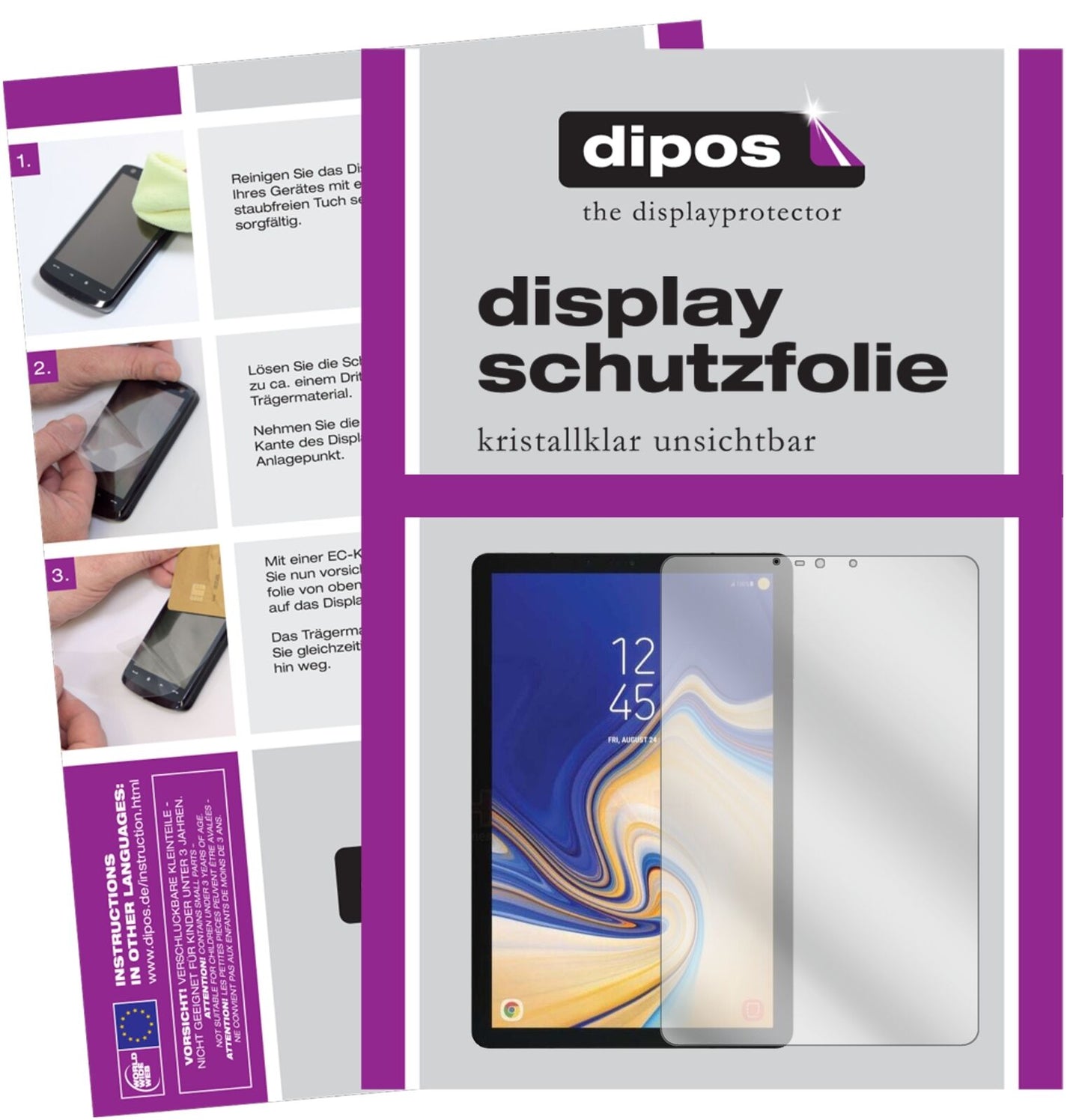 SamsungGalaxy Tab S4 mit aufgebrachter dipos Displayschutzfolie, glasklare Darstellung ohne Einschränkungen