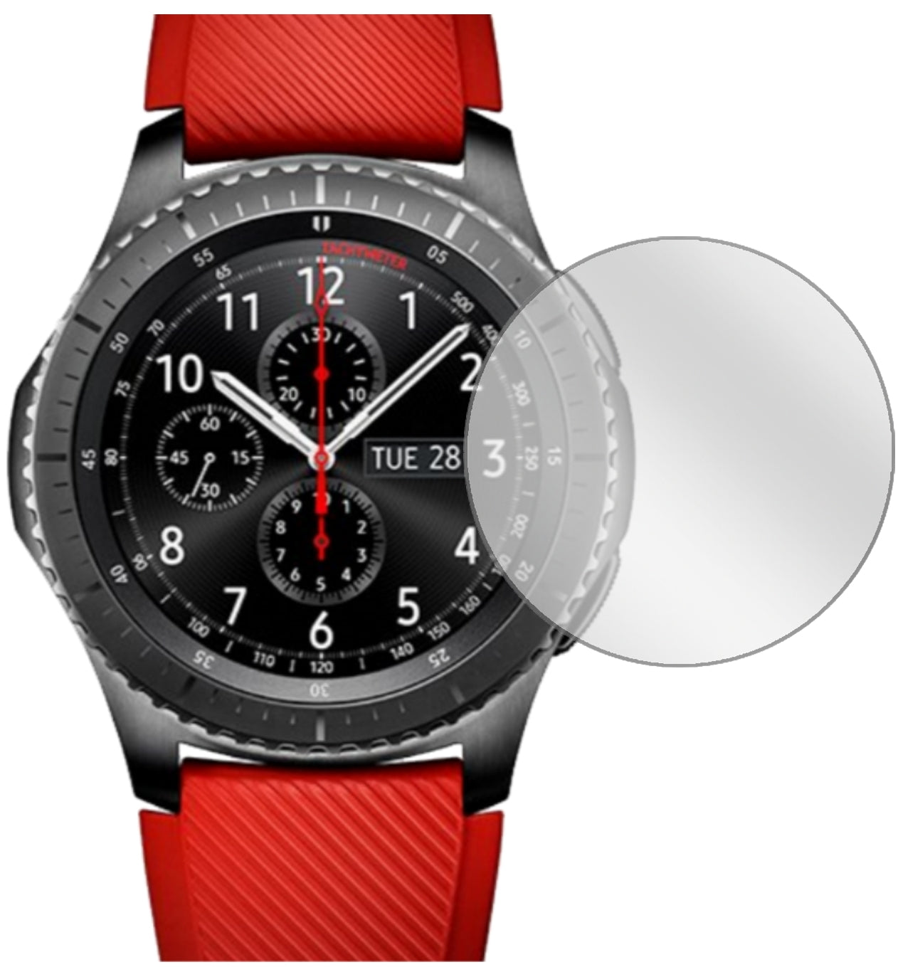 SamsungGear S3 mit aufgebrachter dipos Displayschutzfolie, glasklare Darstellung ohne Einschränkungen
