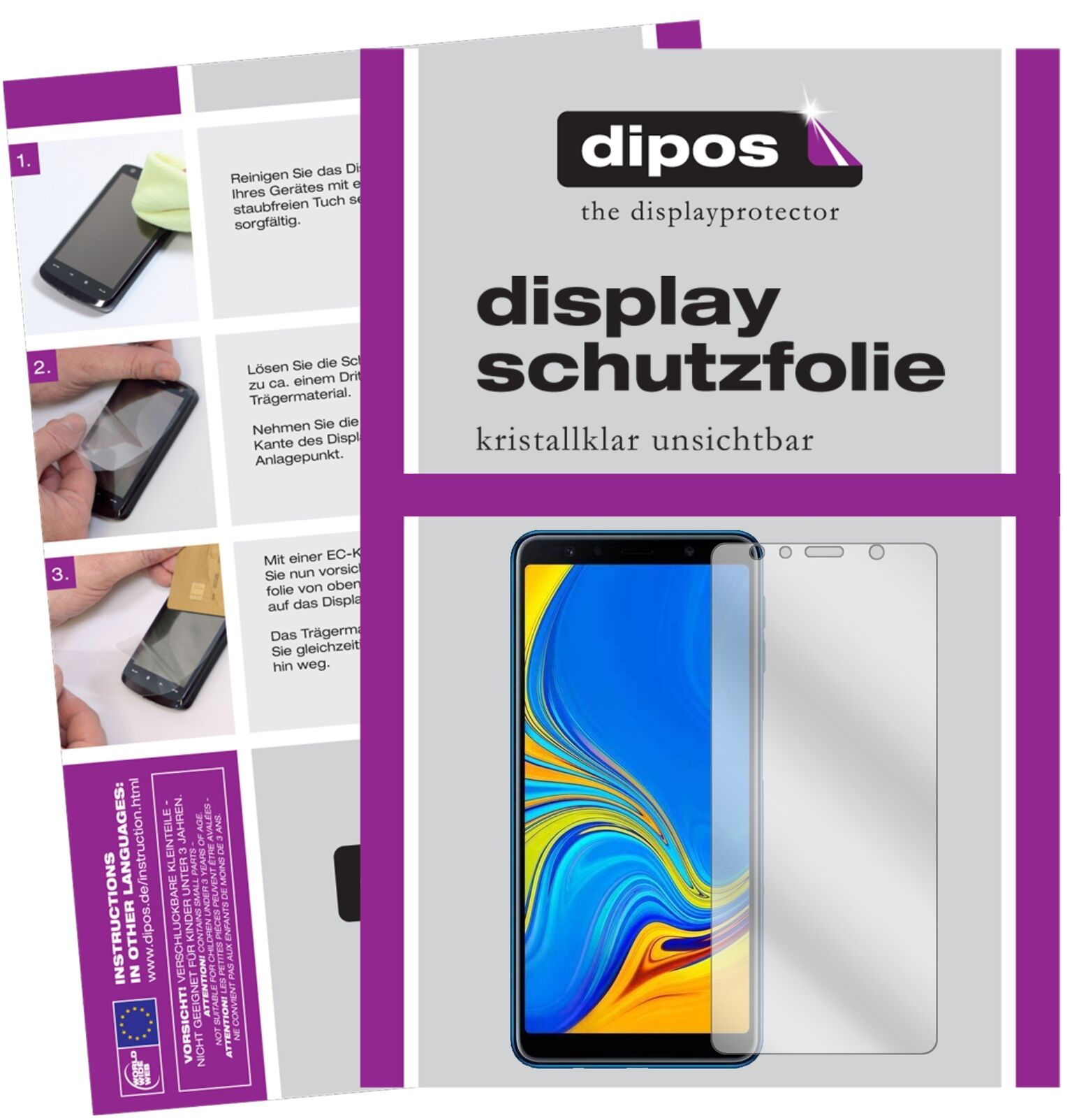 SamsungJ4 Core (2018) mit aufgebrachter dipos Displayschutzfolie, glasklare Darstellung ohne Einschränkungen