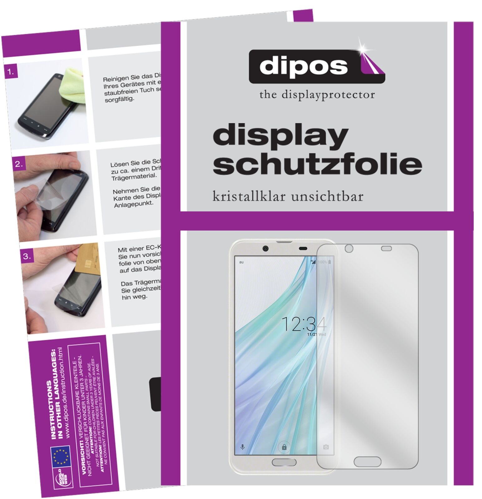 SharpAquos Sense2 mit aufgebrachter dipos Displayschutzfolie, glasklare Darstellung ohne Einschränkungen