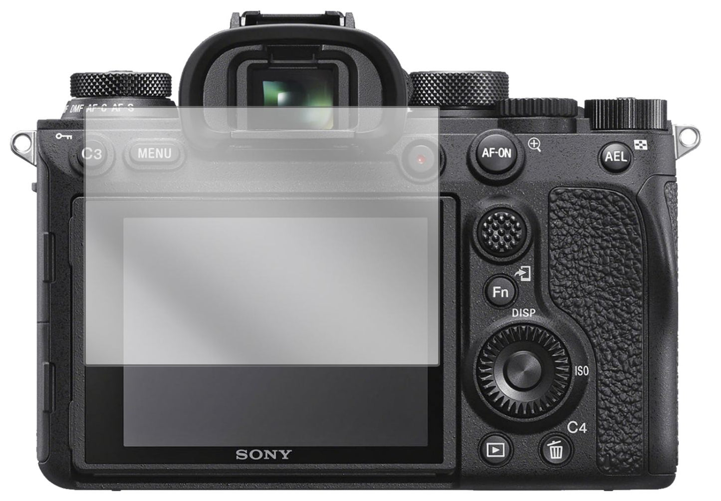 SonyAlpha 7R IV mit aufgebrachter dipos Displayschutzfolie, glasklare Darstellung ohne Einschränkungen