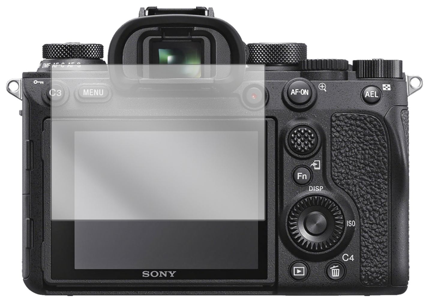 SonyAlpha 99 II mit aufgebrachter dipos Displayschutzfolie, glasklare Darstellung ohne Einschränkungen