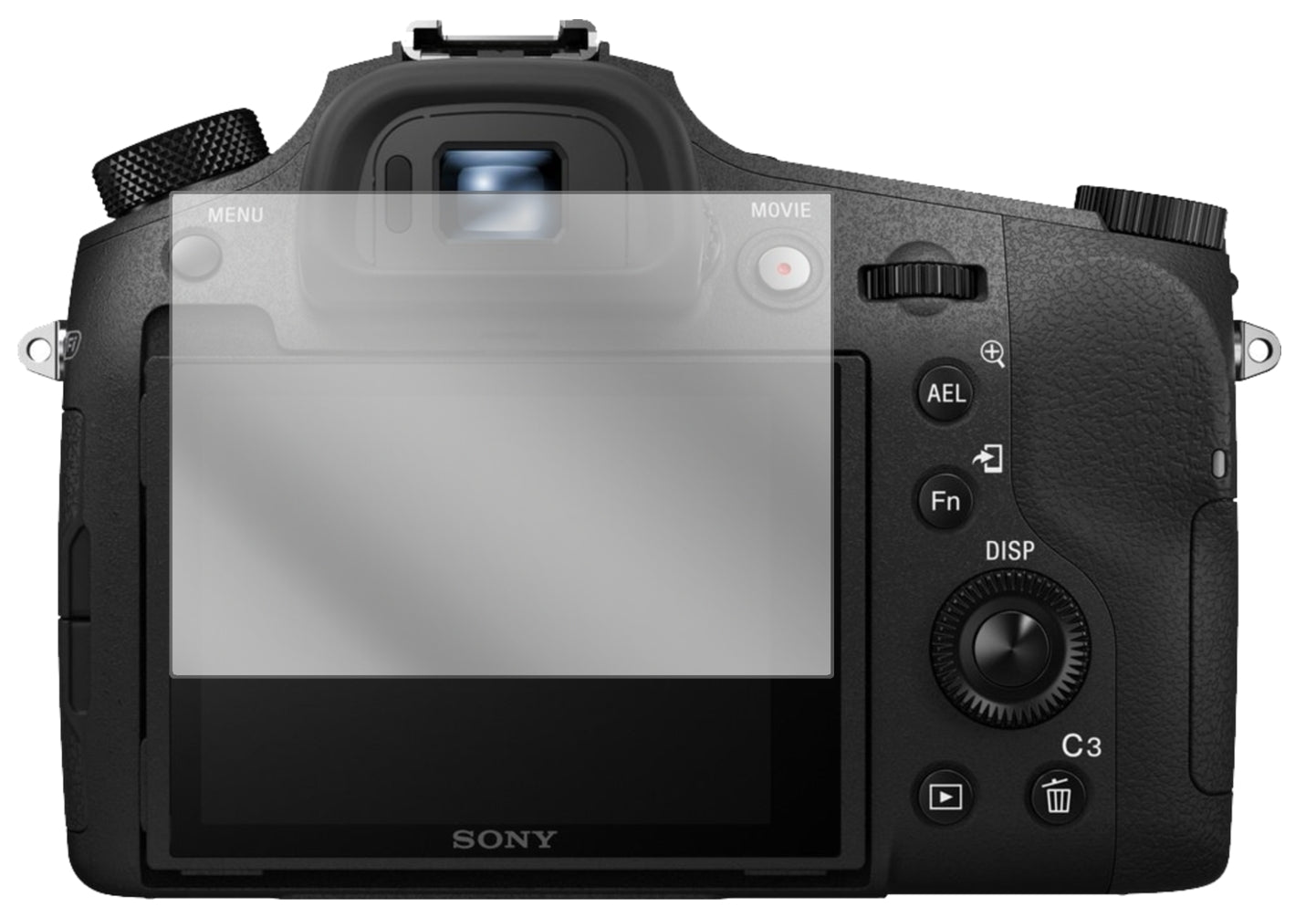 SonyCyber-Shot DSC-RX10 mit aufgebrachter dipos Displayschutzfolie, glasklare Darstellung ohne Einschränkungen