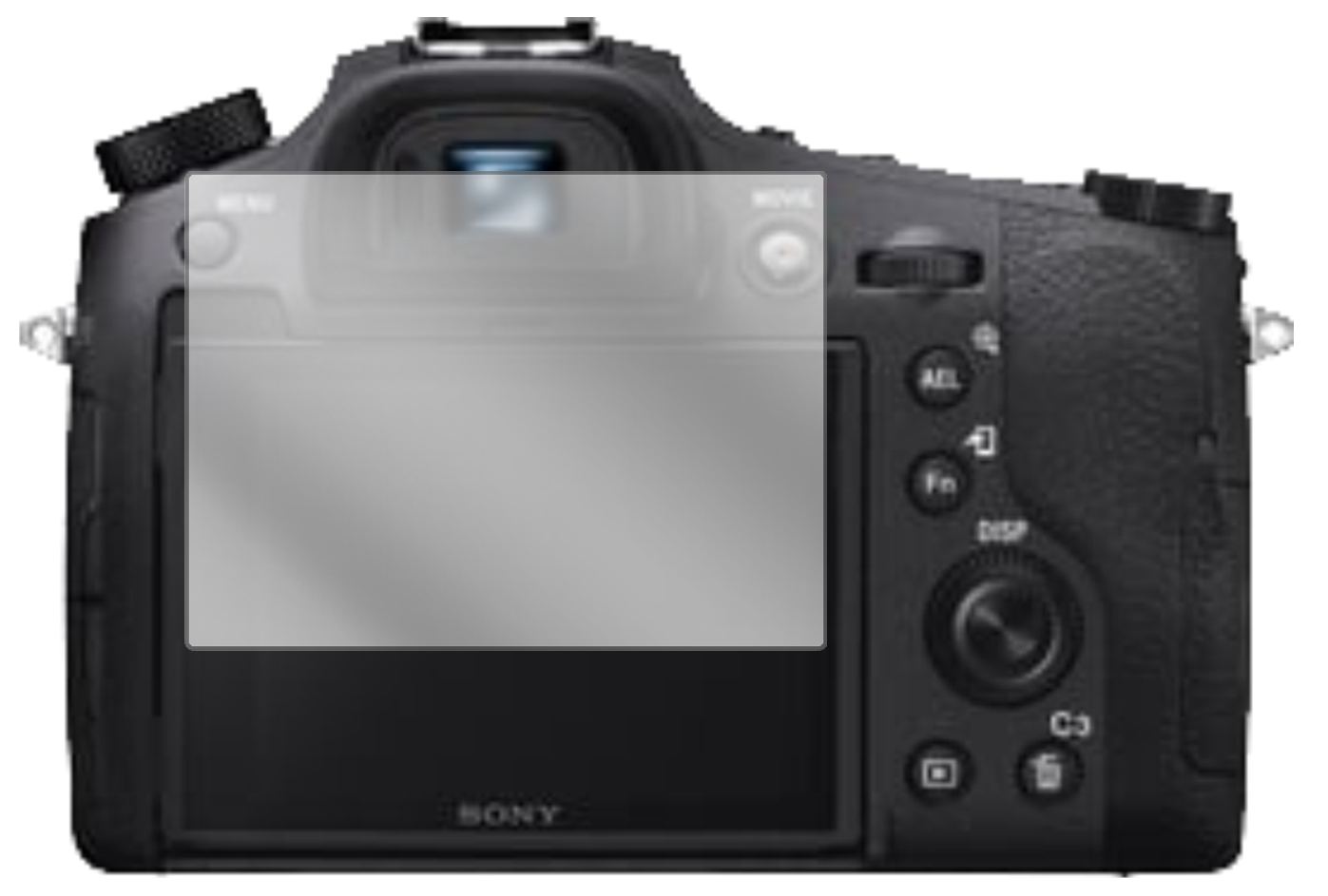 SonyCyber-Shot DSC-RX10 IV mit aufgebrachter dipos Displayschutzfolie, glasklare Darstellung ohne Einschränkungen