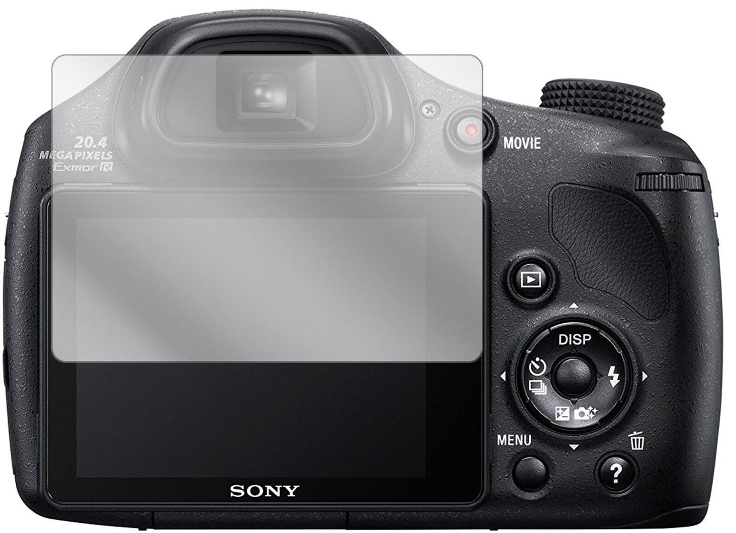 SonyDSC-HX350B Bridge-Kamera mit aufgebrachter dipos Displayschutzfolie, glasklare Darstellung ohne Einschränkungen