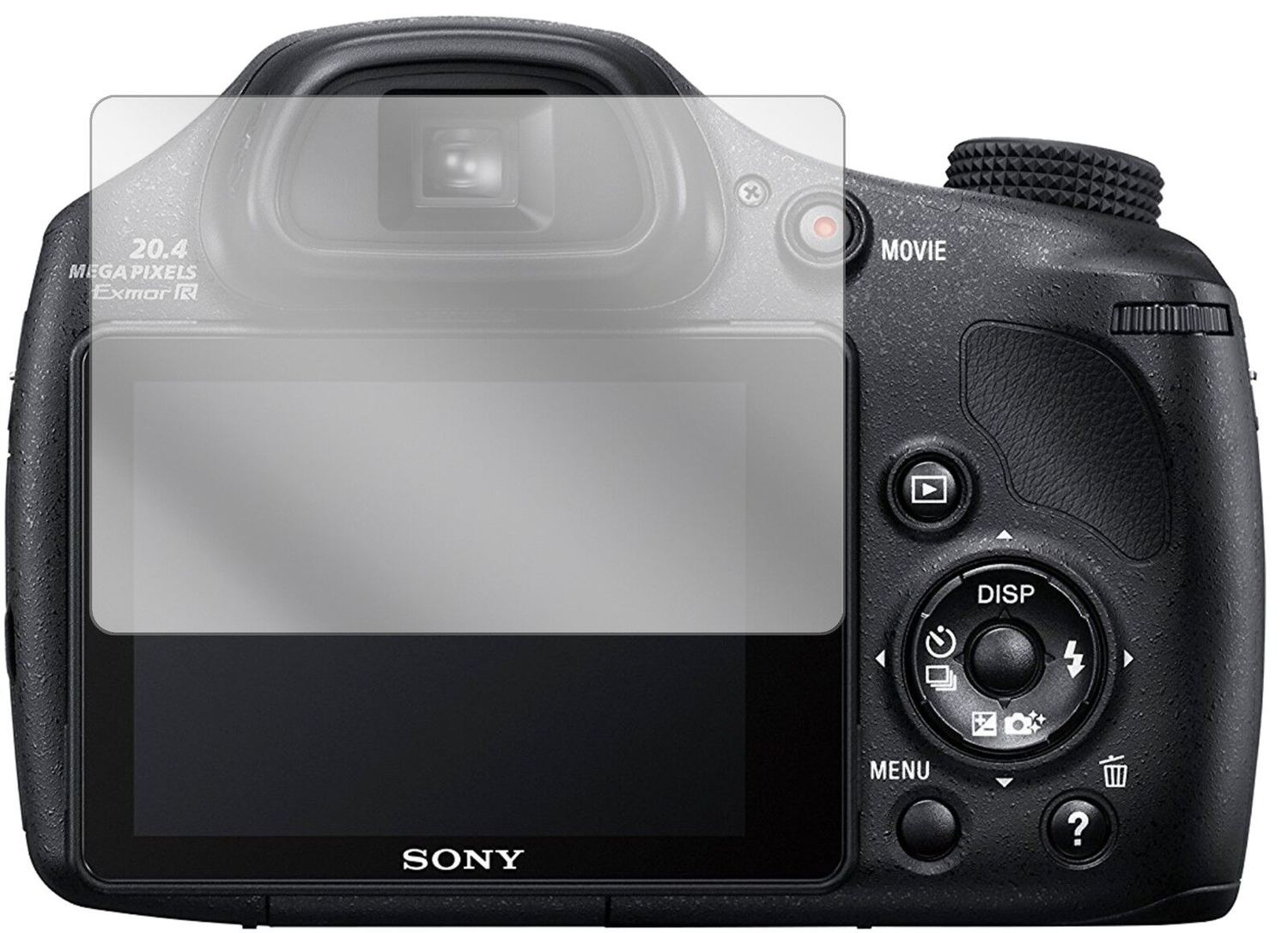 SonyDSC-HX350B Bridge-Kamera mit aufgebrachter dipos Displayschutzfolie, glasklare Darstellung ohne Einschränkungen
