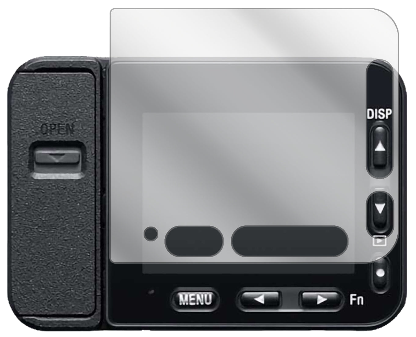 SonyDSC-RX0 II mit aufgebrachter dipos Displayschutzfolie, glasklare Darstellung ohne Einschränkungen
