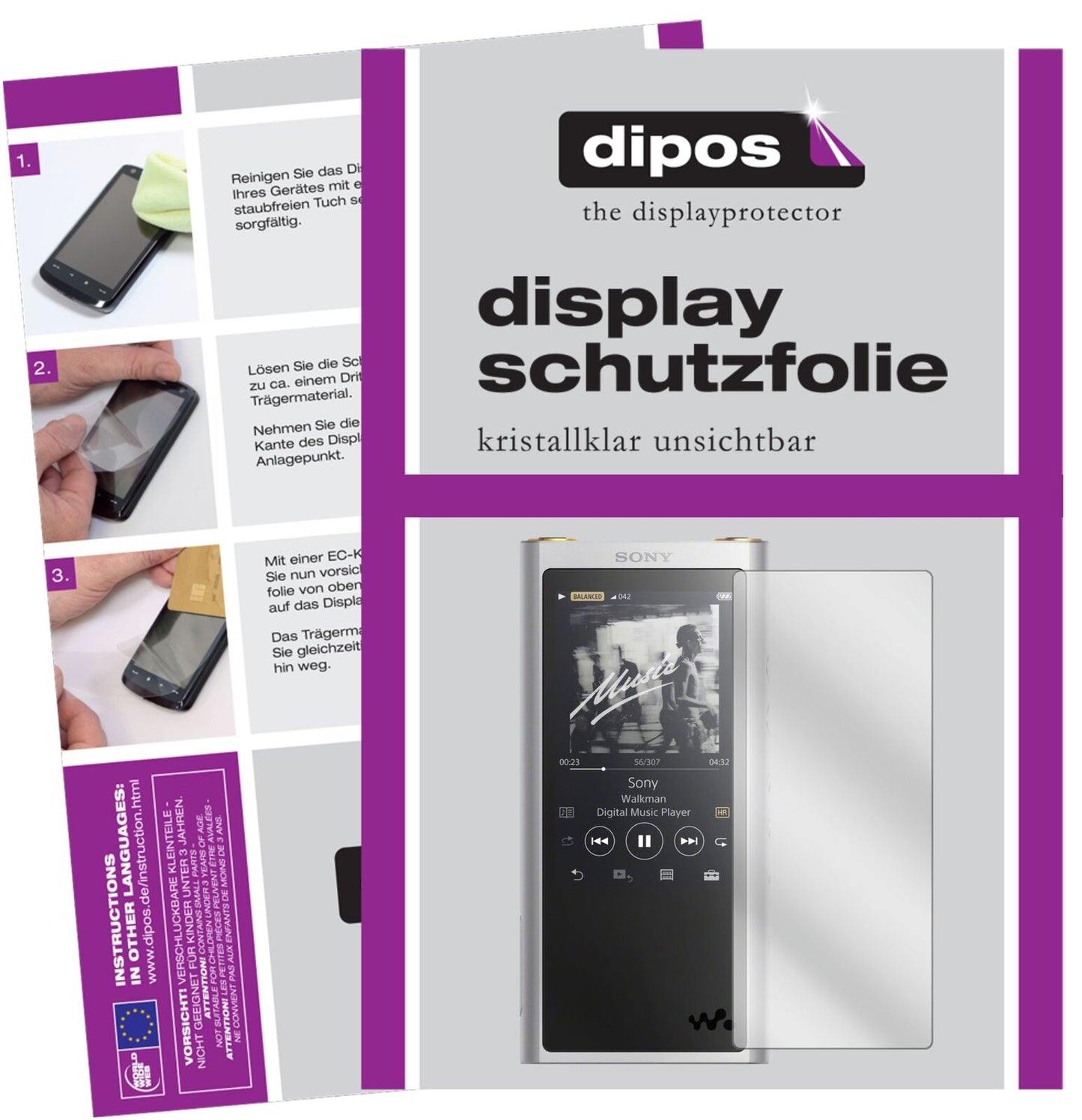 SonyNW-ZX300 (MP3-Player) mit aufgebrachter dipos Displayschutzfolie, glasklare Darstellung ohne Einschränkungen