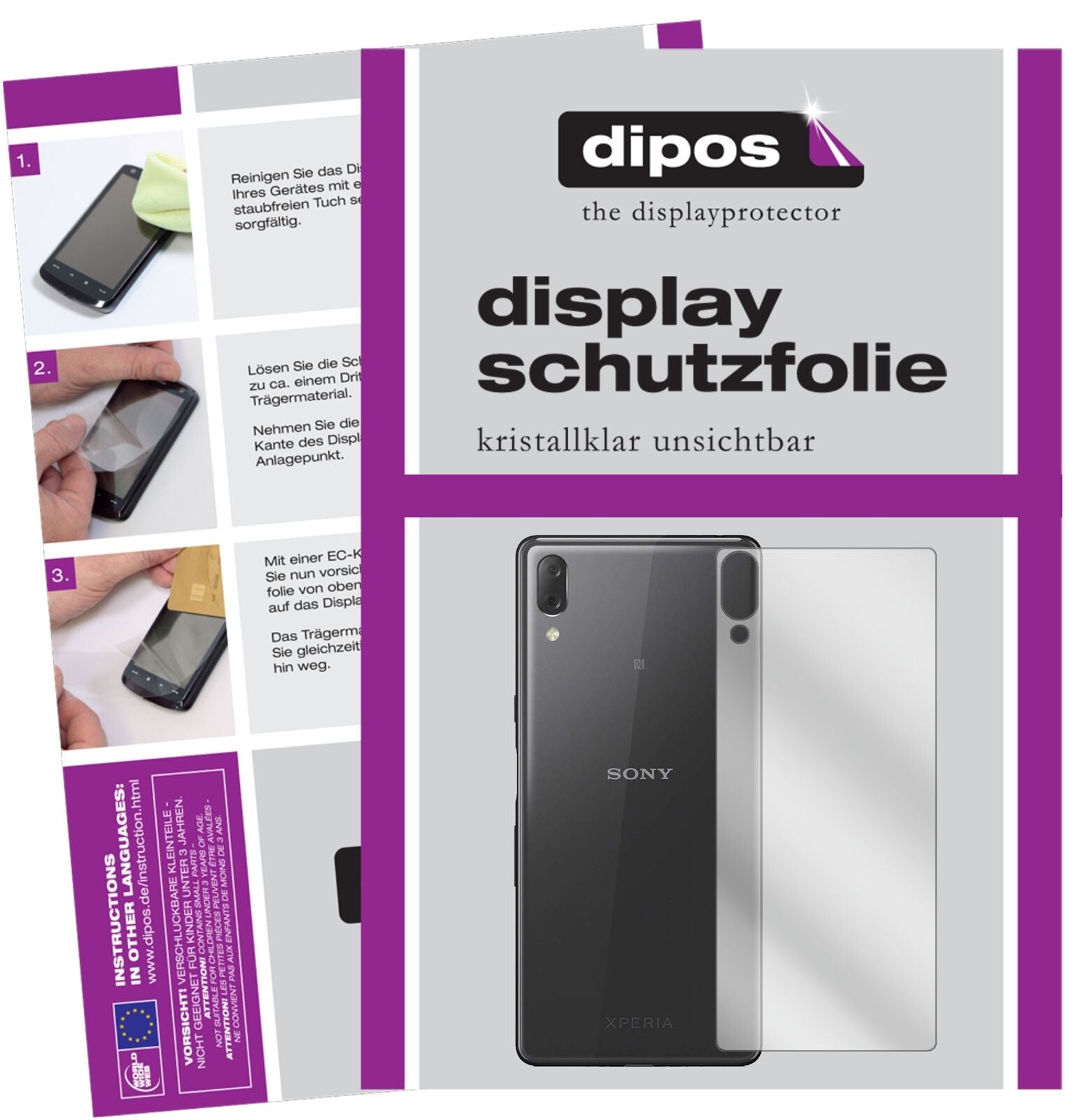 SonyXperia L3 Rückseite mit aufgebrachter dipos Displayschutzfolie, glasklare Darstellung ohne Einschränkungen