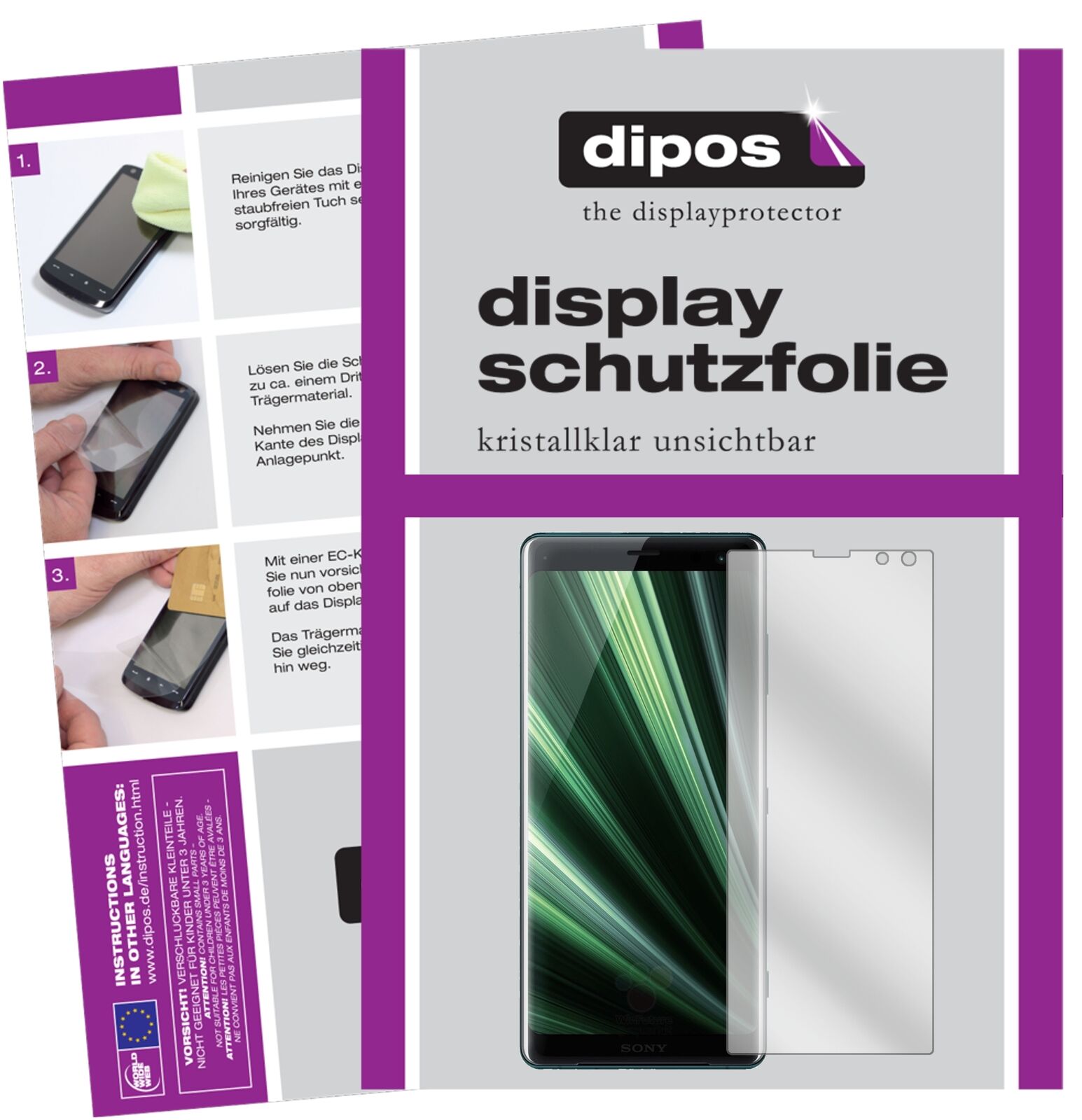 SonyXperia XZ3 mit aufgebrachter dipos Displayschutzfolie, glasklare Darstellung ohne Einschränkungen