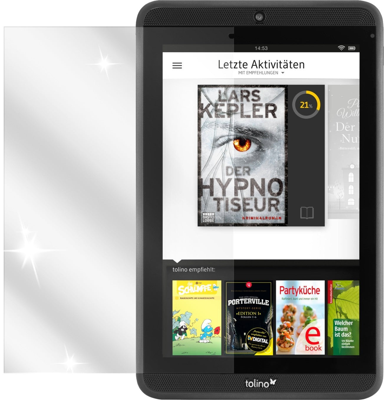 Tab 7Tolino mit aufgebrachter dipos Displayschutzfolie, glasklare Darstellung ohne Einschränkungen
