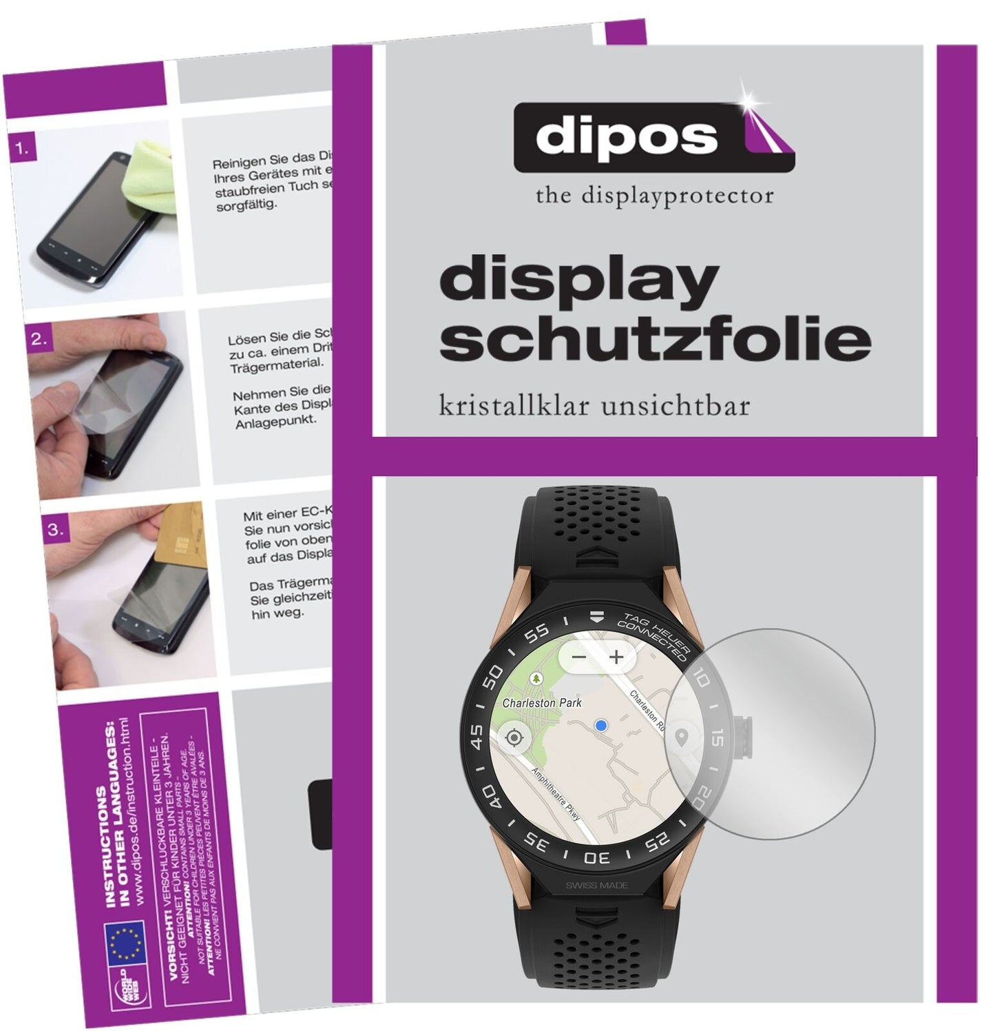 TagHeuer Connected Modular 45 mit aufgebrachter dipos Displayschutzfolie, glasklare Darstellung ohne Einschränkungen