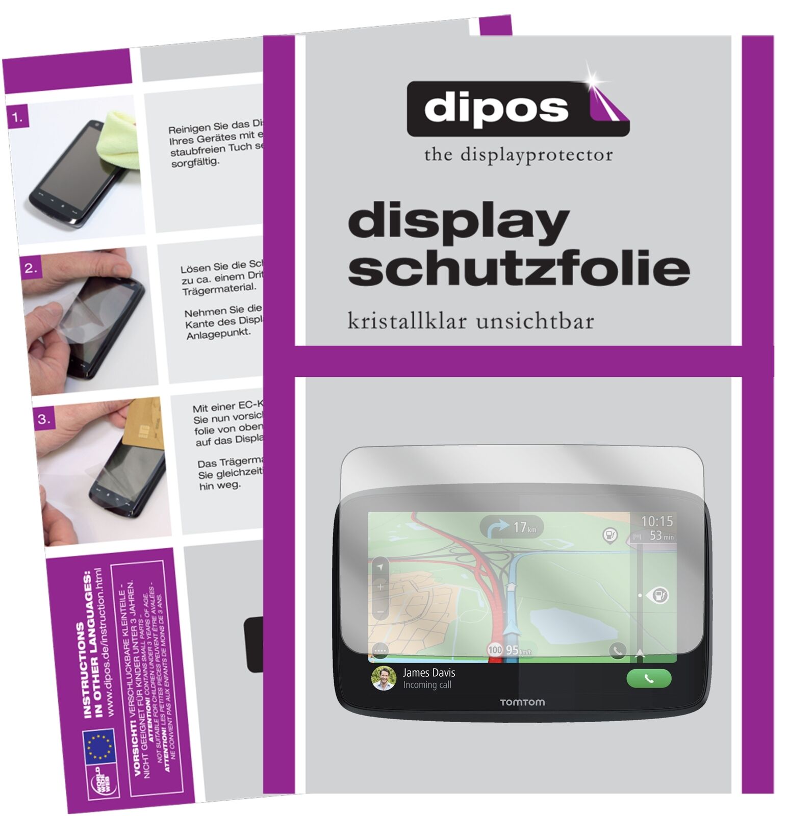 TomTomGO Essential 6 mit aufgebrachter dipos Displayschutzfolie, glasklare Darstellung ohne Einschränkungen