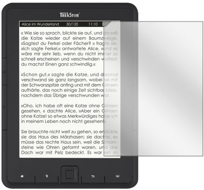 TrekStoreBook Reader Pyrus mit aufgebrachter dipos Displayschutzfolie, glasklare Darstellung ohne Einschränkungen