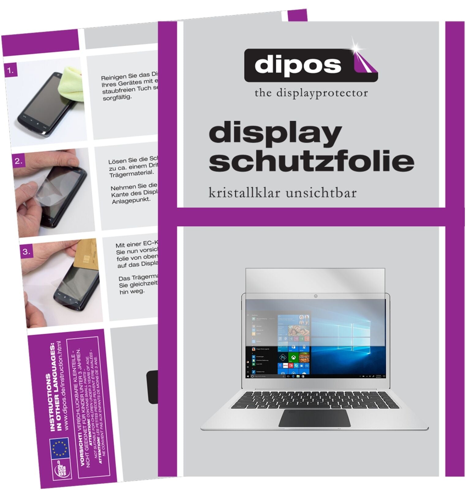 TrekstorPrimebook P14B mit aufgebrachter dipos Displayschutzfolie, glasklare Darstellung ohne Einschränkungen