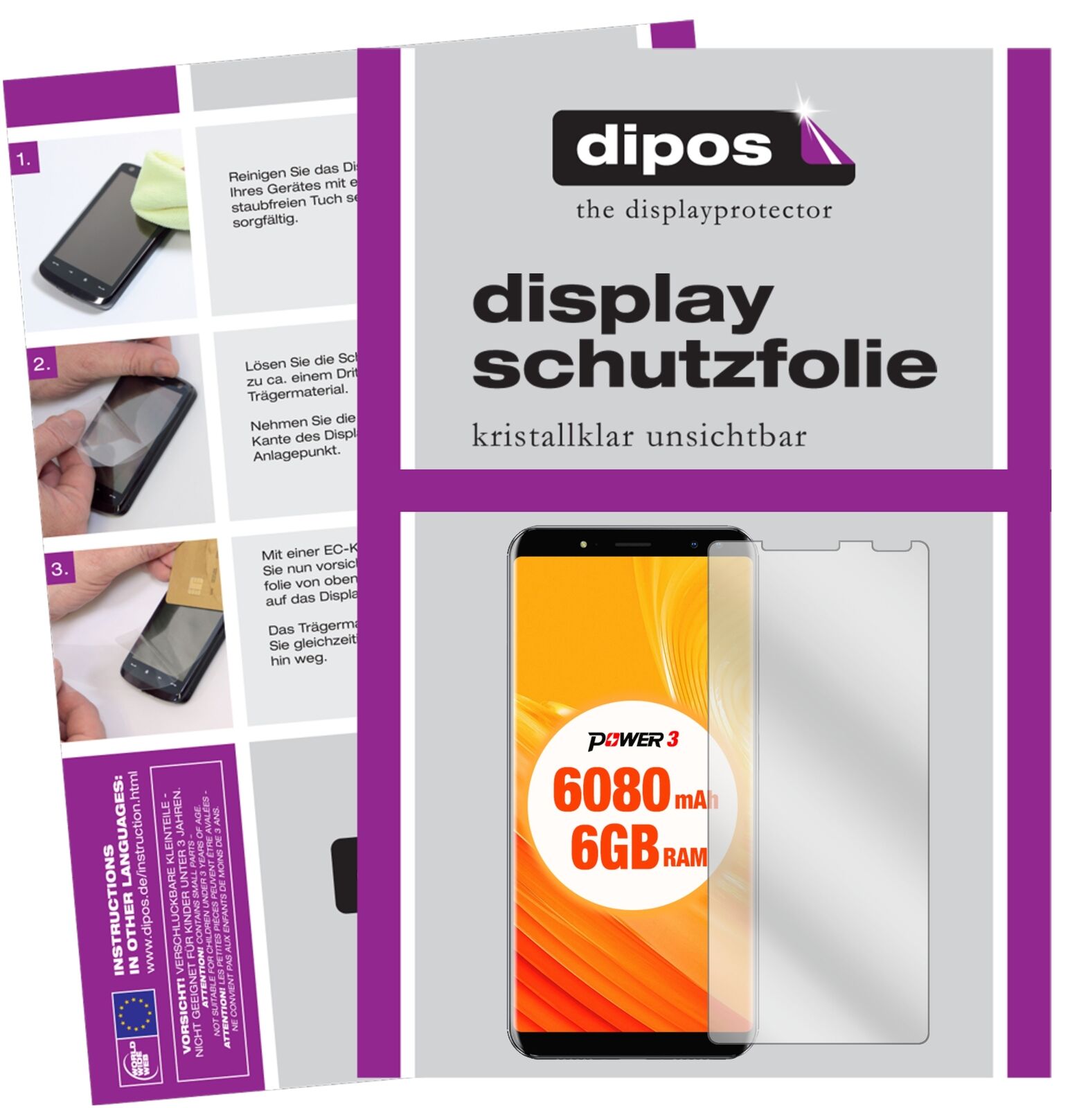 UlefonePower 3 mit aufgebrachter dipos Displayschutzfolie, glasklare Darstellung ohne Einschränkungen