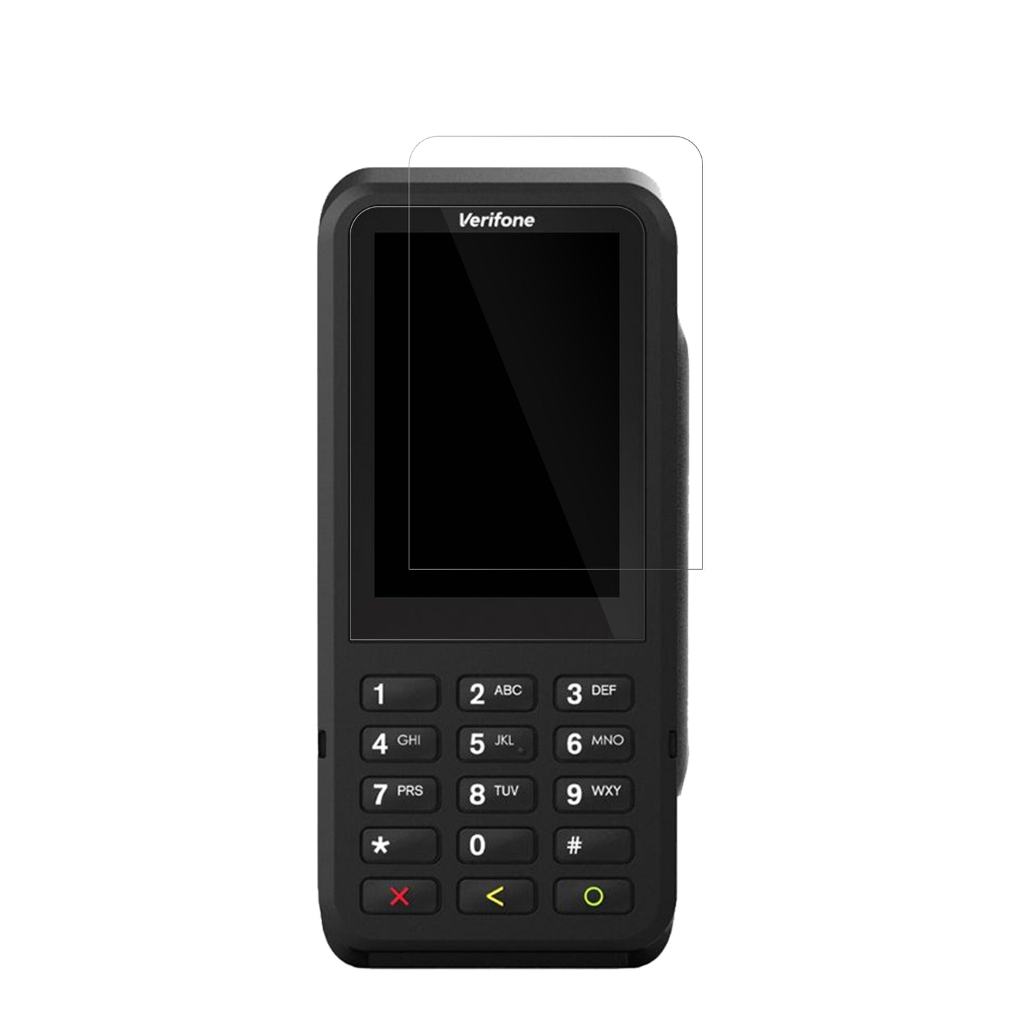 VerifoneP630 mit aufgebrachter dipos Displayschutzfolie, glasklare Darstellung ohne Einschränkungen