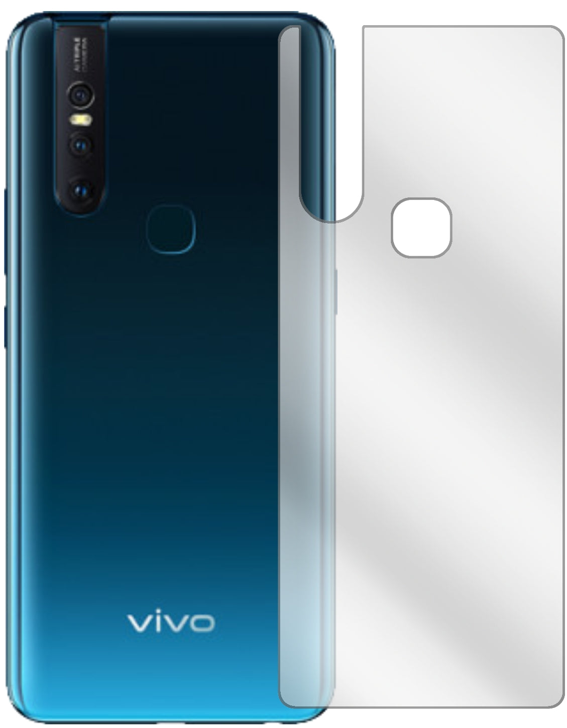 VivoV15 Rückseite mit aufgebrachter dipos Displayschutzfolie, glasklare Darstellung ohne Einschränkungen