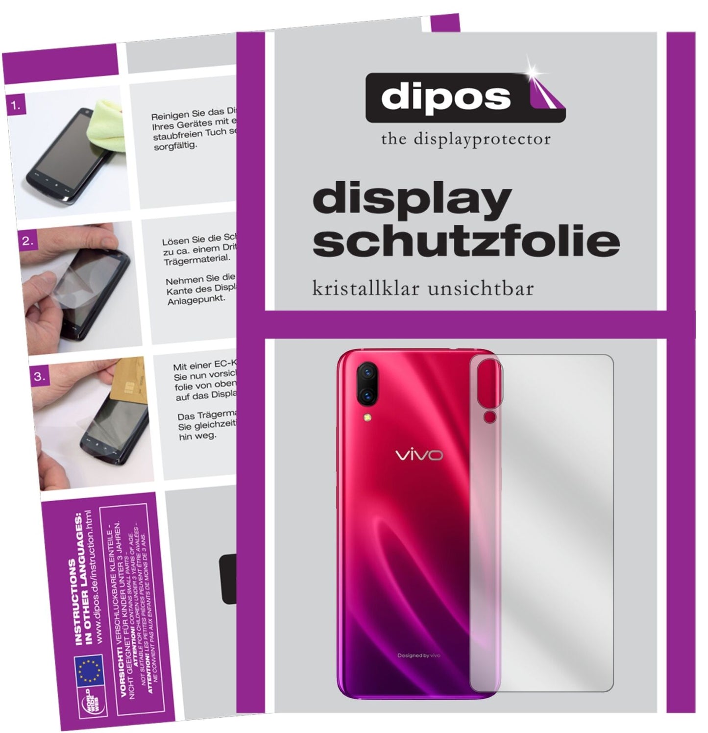 VivoX23 Symphony Rückseite mit aufgebrachter dipos Displayschutzfolie, glasklare Darstellung ohne Einschränkungen