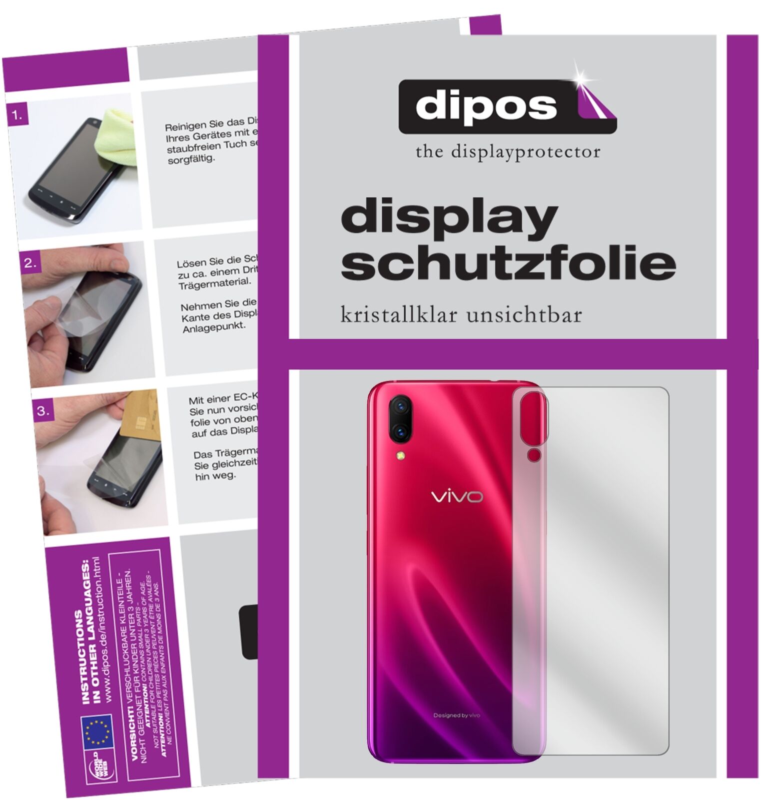 VivoX23 Symphony Rückseite mit aufgebrachter dipos Displayschutzfolie, glasklare Darstellung ohne Einschränkungen
