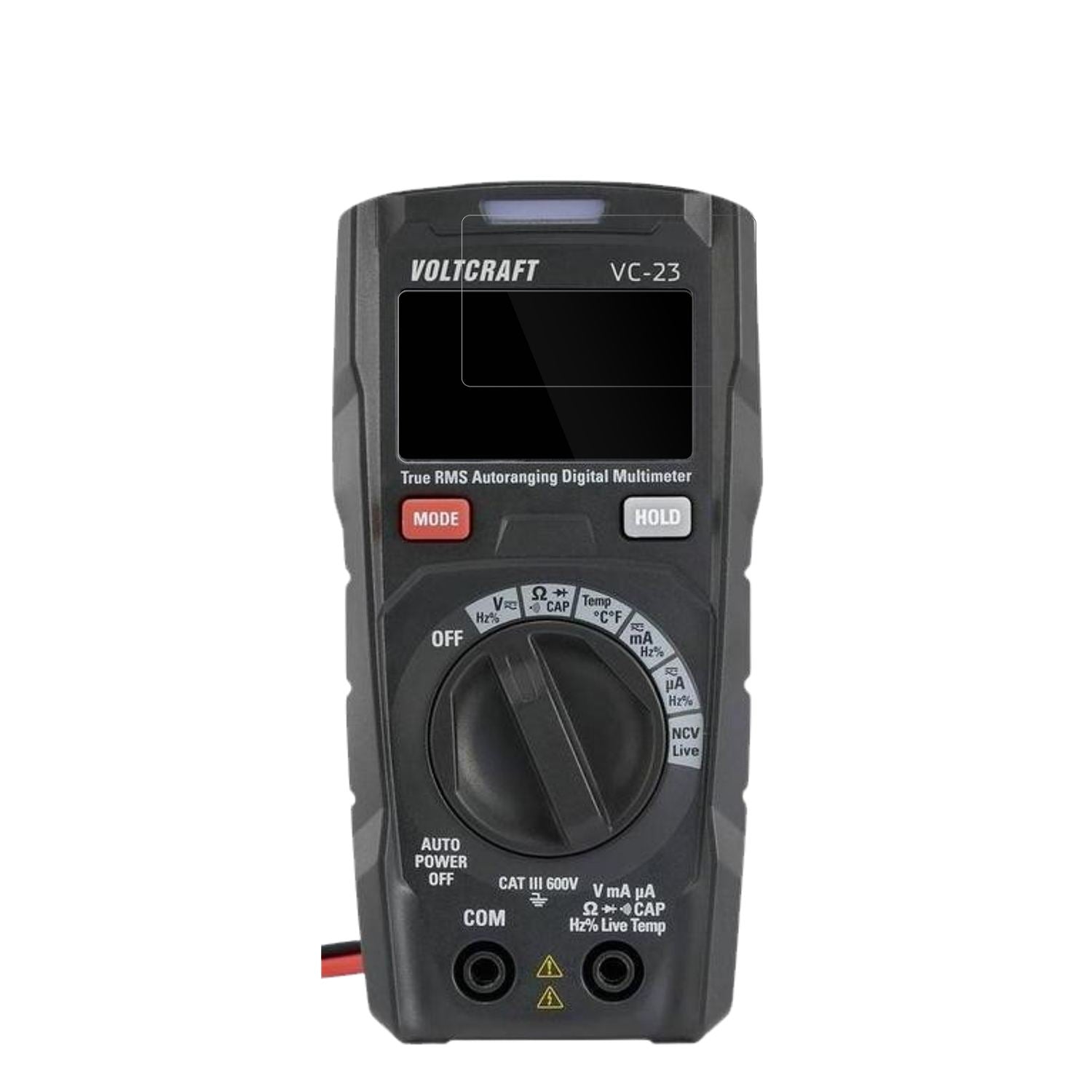 VoltcraftVC191 mit aufgebrachter dipos Displayschutzfolie, glasklare Darstellung ohne Einschränkungen