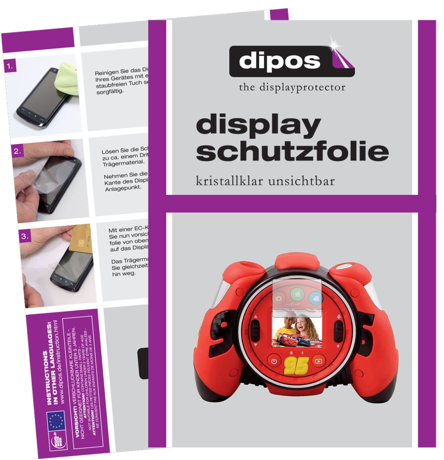 VTechCars 3 Kamera mit aufgebrachter dipos Displayschutzfolie, glasklare Darstellung ohne Einschränkungen