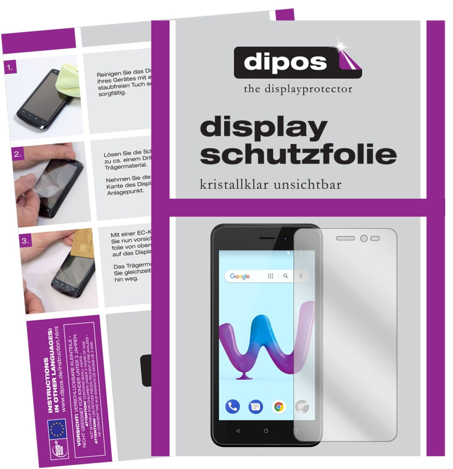 WikoSunny 3 mit aufgebrachter dipos Displayschutzfolie, glasklare Darstellung ohne Einschränkungen