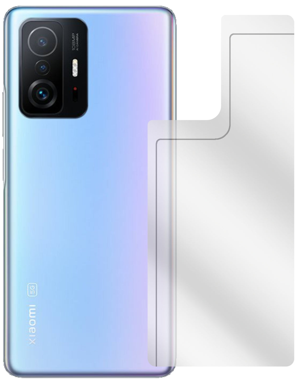 XiaomiMi 11T Rückseite mit aufgebrachter dipos Displayschutzfolie, glasklare Darstellung ohne Einschränkungen