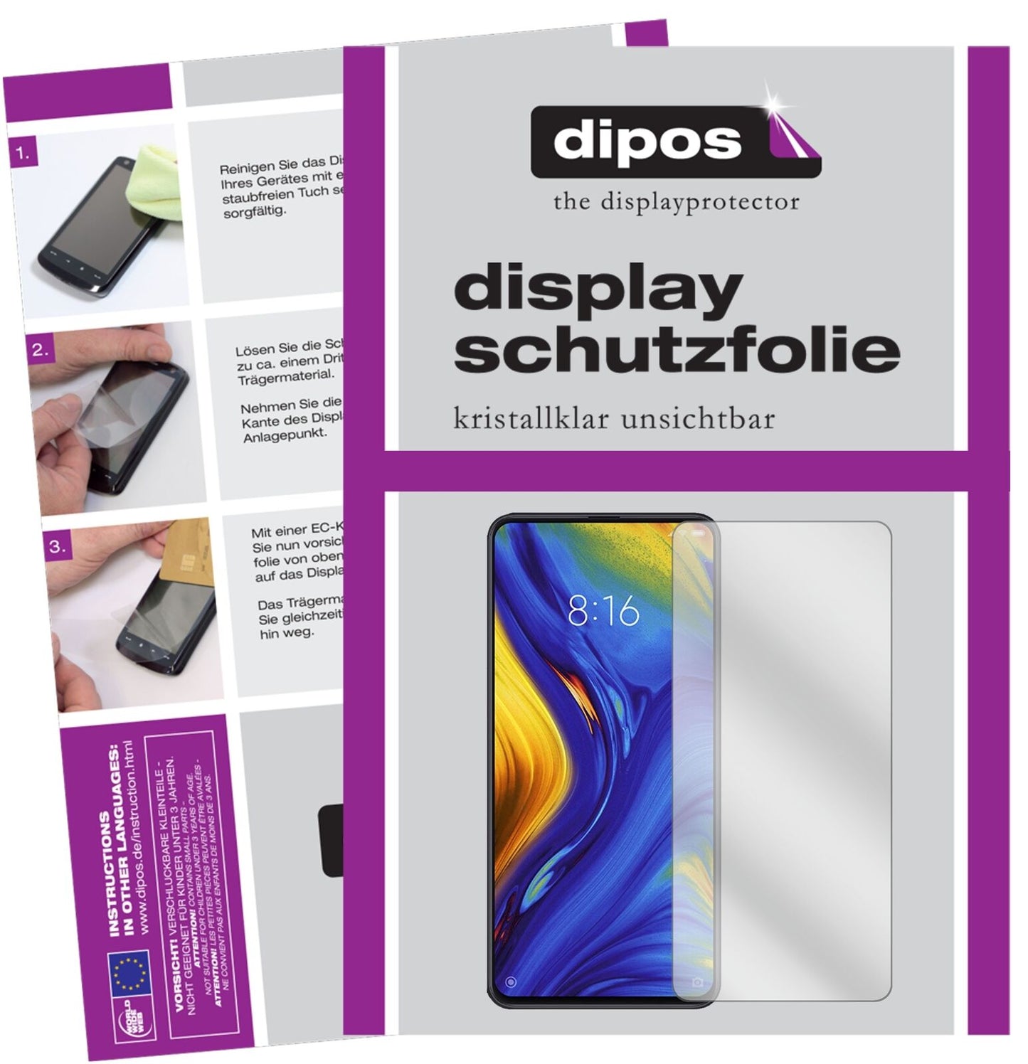 XiaomiMi Mix 3 mit aufgebrachter dipos Displayschutzfolie, glasklare Darstellung ohne Einschränkungen