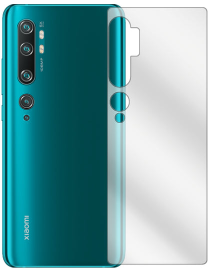 XiaomiMi Note 10 Rückseite mit aufgebrachter dipos Displayschutzfolie, glasklare Darstellung ohne Einschränkungen