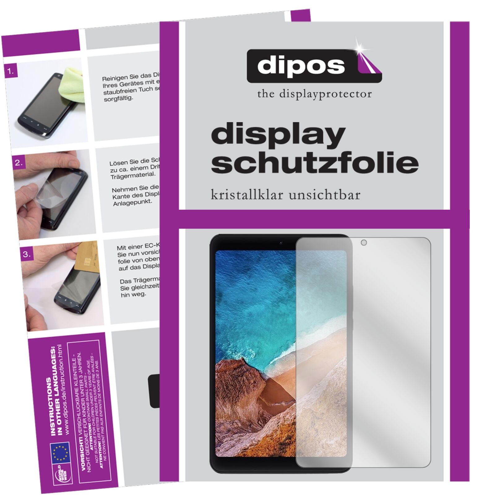 XiaomiMi Pad 4 mit aufgebrachter dipos Displayschutzfolie, glasklare Darstellung ohne Einschränkungen