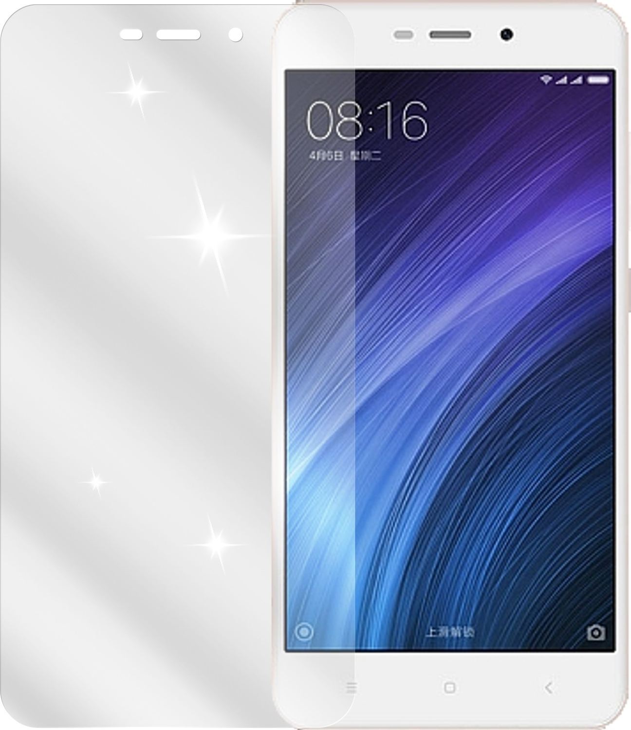 XiaomiRedmi 4A mit aufgebrachter dipos Displayschutzfolie, glasklare Darstellung ohne Einschränkungen