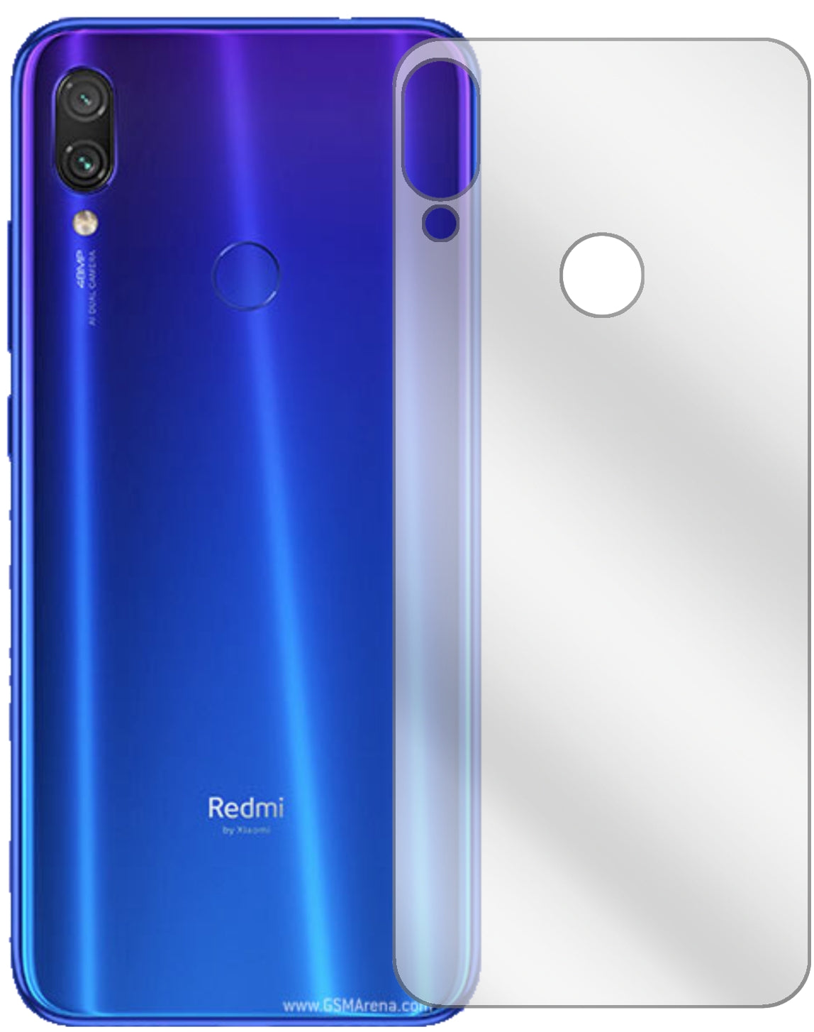 XiaomiRedmi Note 7S Rückseite mit aufgebrachter dipos Displayschutzfolie, glasklare Darstellung ohne Einschränkungen