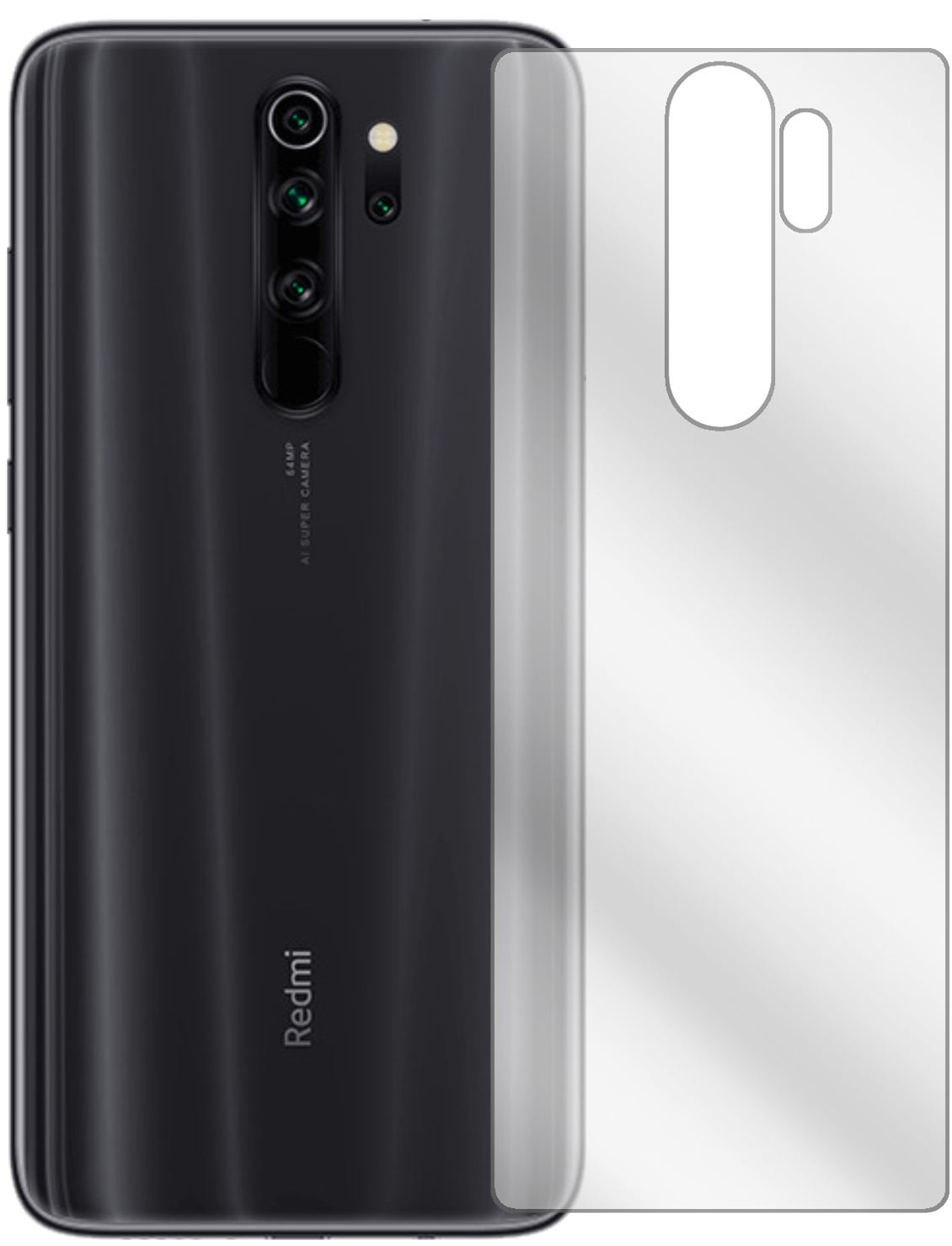 XiaomiRedmi Note 8 Rückseite mit aufgebrachter dipos Displayschutzfolie, glasklare Darstellung ohne Einschränkungen