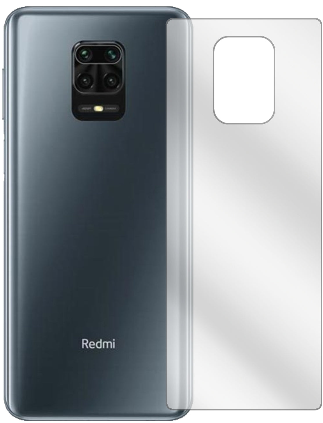XiaomiRedmi Note 9 Pro Rückseite mit aufgebrachter dipos Displayschutzfolie, glasklare Darstellung ohne Einschränkungen