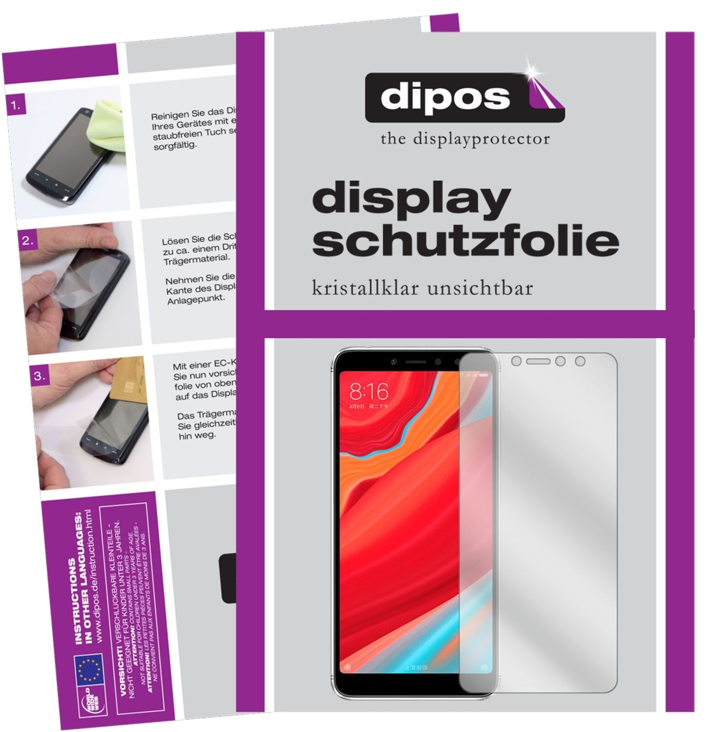 XiaomiRedmi S2 mit aufgebrachter dipos Displayschutzfolie, glasklare Darstellung ohne Einschränkungen