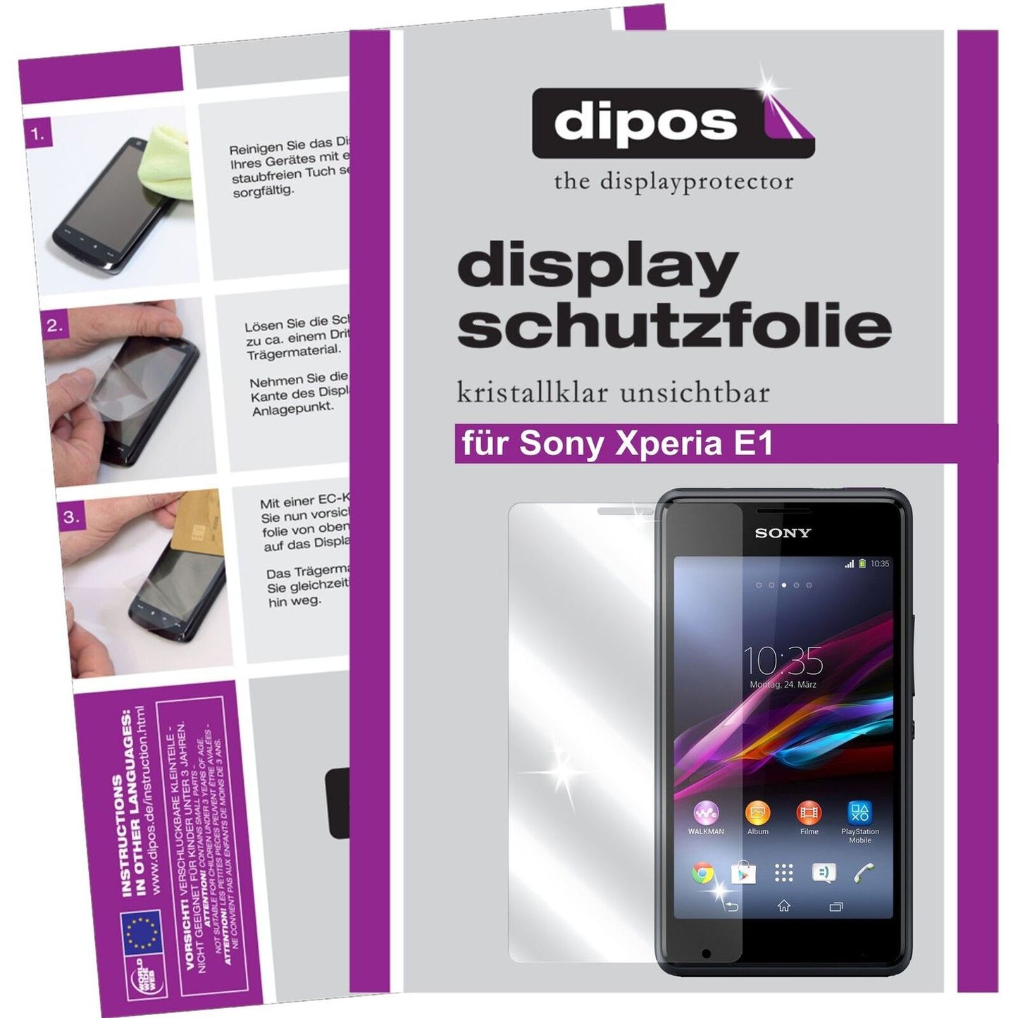 Xperia E1 / E1 DualSony mit aufgebrachter dipos Displayschutzfolie, glasklare Darstellung ohne Einschränkungen