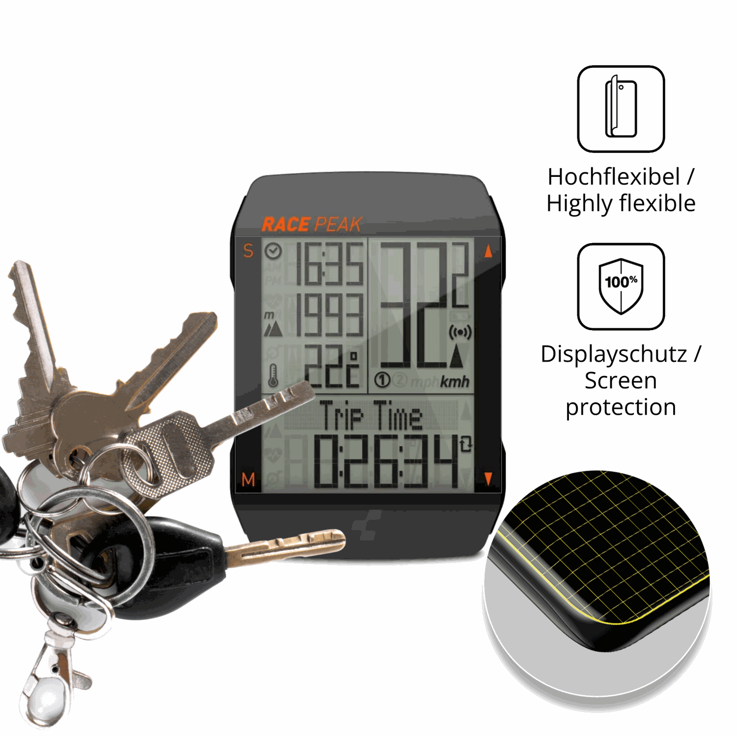 dipos Displayschutz für CUBE Race Peak, transparente Oberfläche, geringe Dicke und perfekte Passform