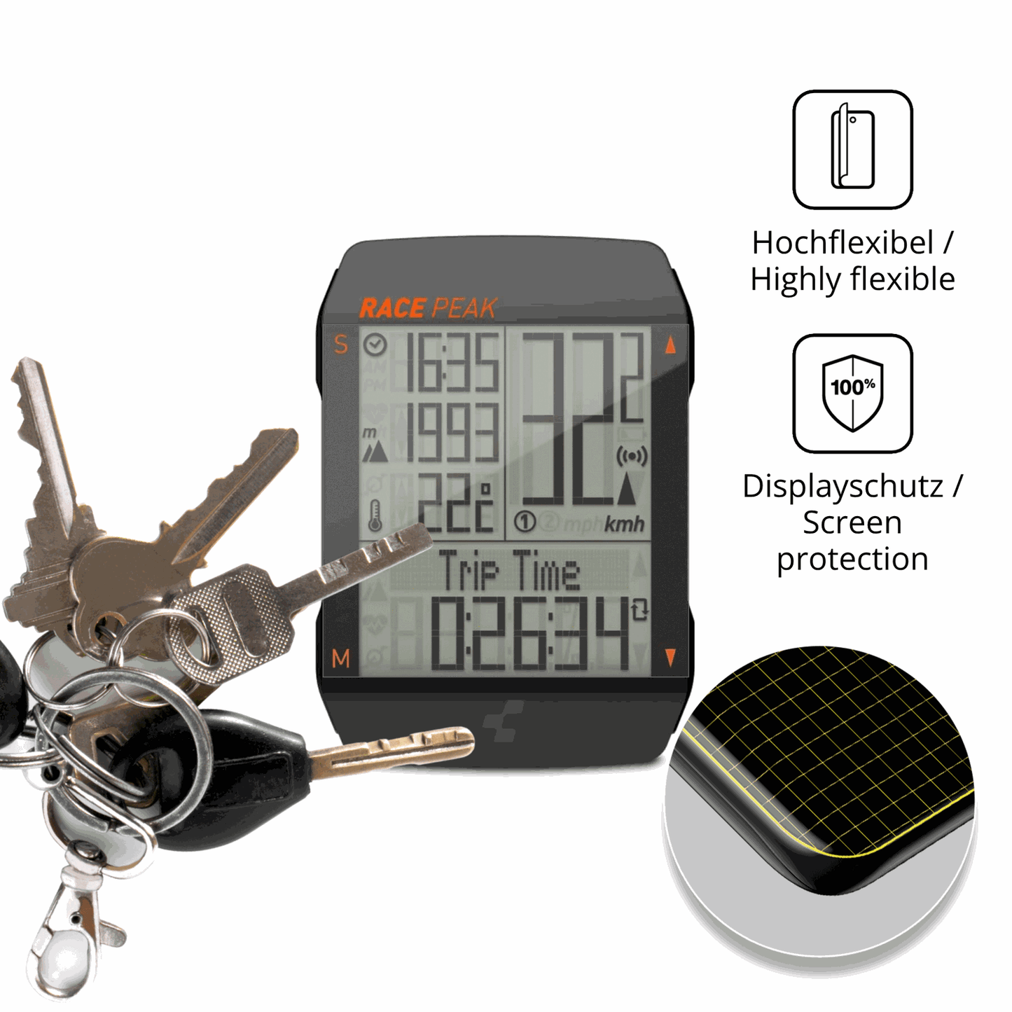 dipos Displayschutz für CUBE Race Peak, transparente Oberfläche, perfekte Passform auch für die Rundungen