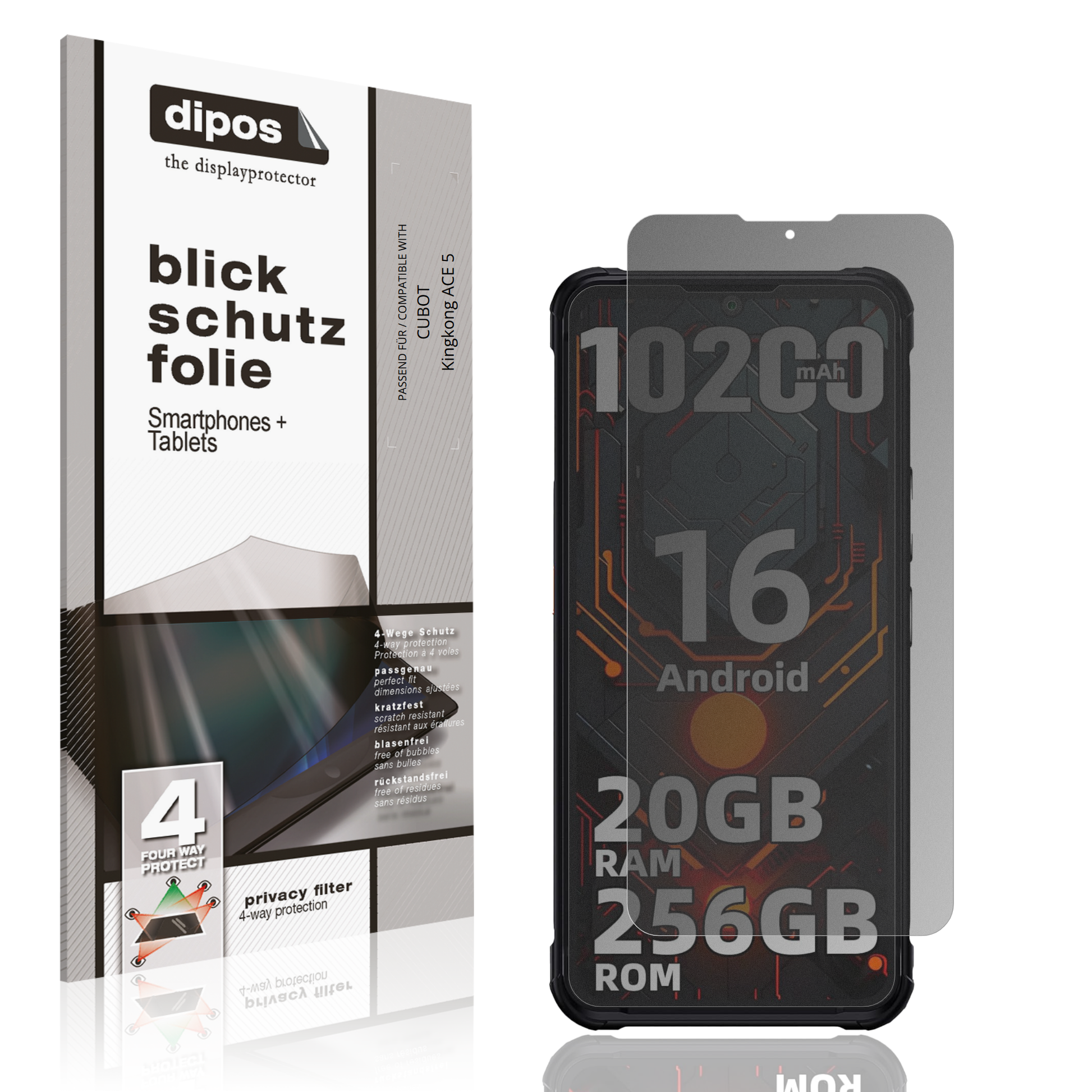 Blickschutzfolie von dipos passend für CUBOT Kingkong ACE 5, präziser Zuschnitt und blasenfrei montiert
