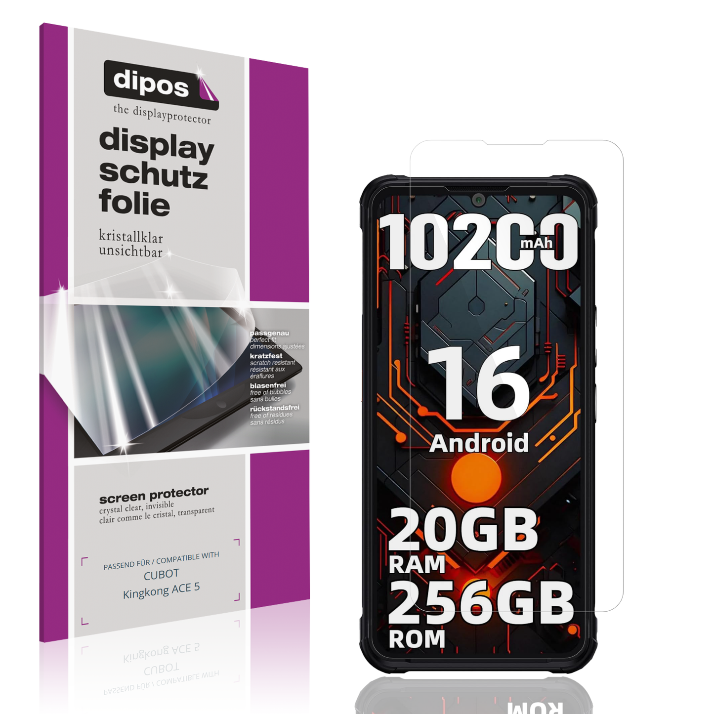 Klare Displayschutzfolie von dipos passend für CUBOT Kingkong ACE 5, präziser Zuschnitt und blasenfrei montiert