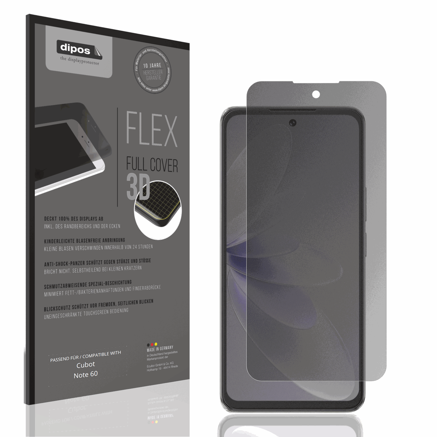Blickschutzfolie von dipos passend für Cubot Note 60, 100% Displayabdeckung und blasenfreie Montage