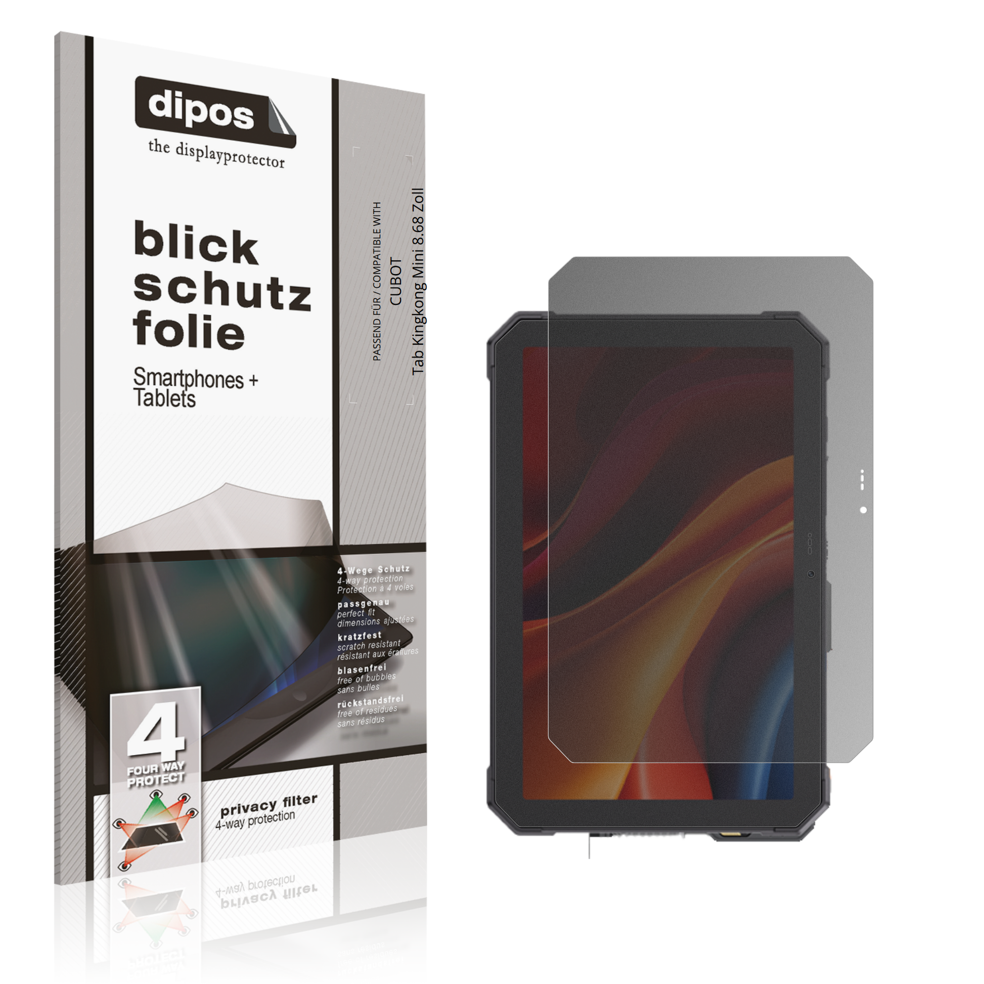 Blickschutzfolie von dipos passend für CUBOT Tab Kingkong Mini 8.68 Zoll, präziser Zuschnitt und blasenfrei montiert