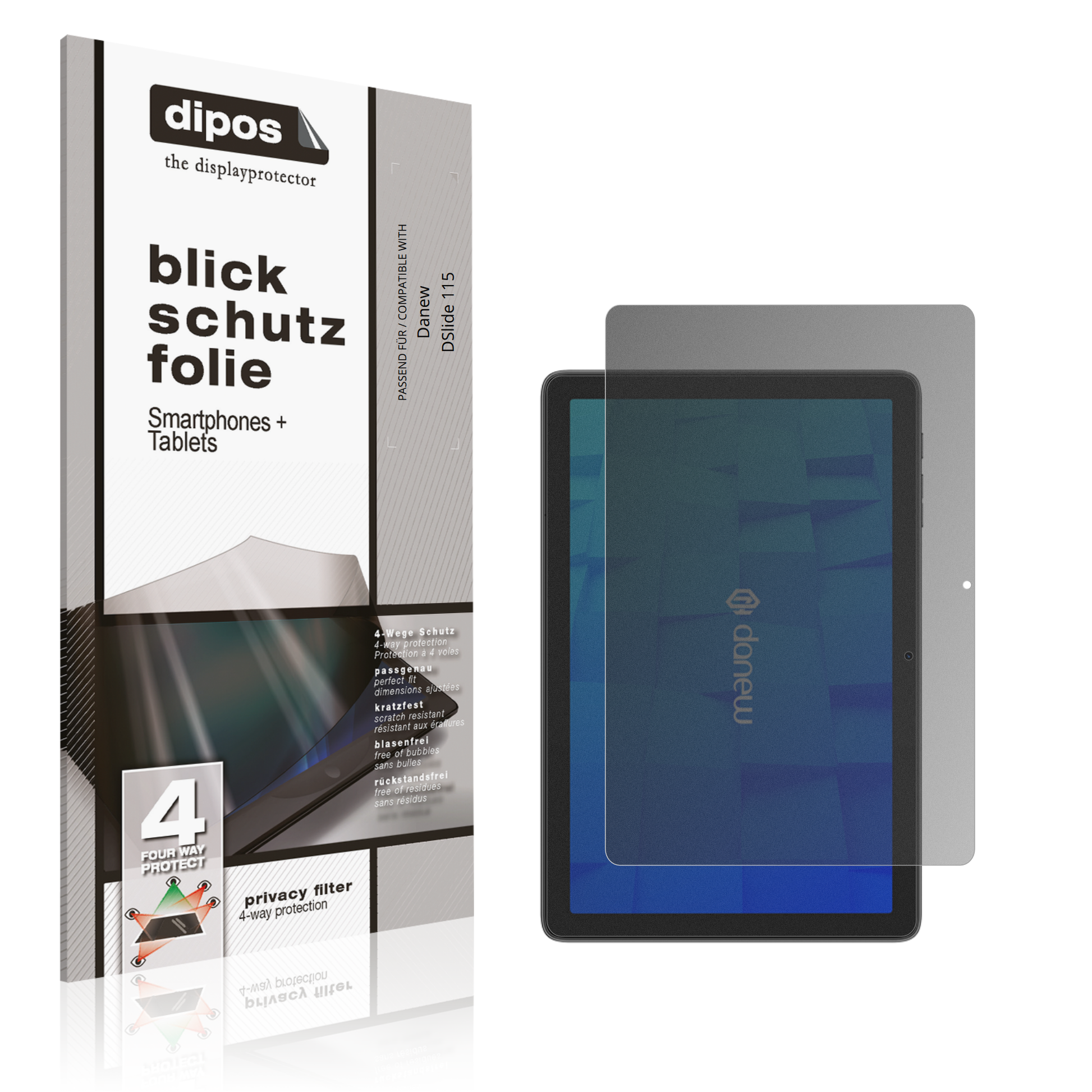 Blickschutzfolie von dipos passend für Danew DSlide 115, präziser Zuschnitt und blasenfrei montiert